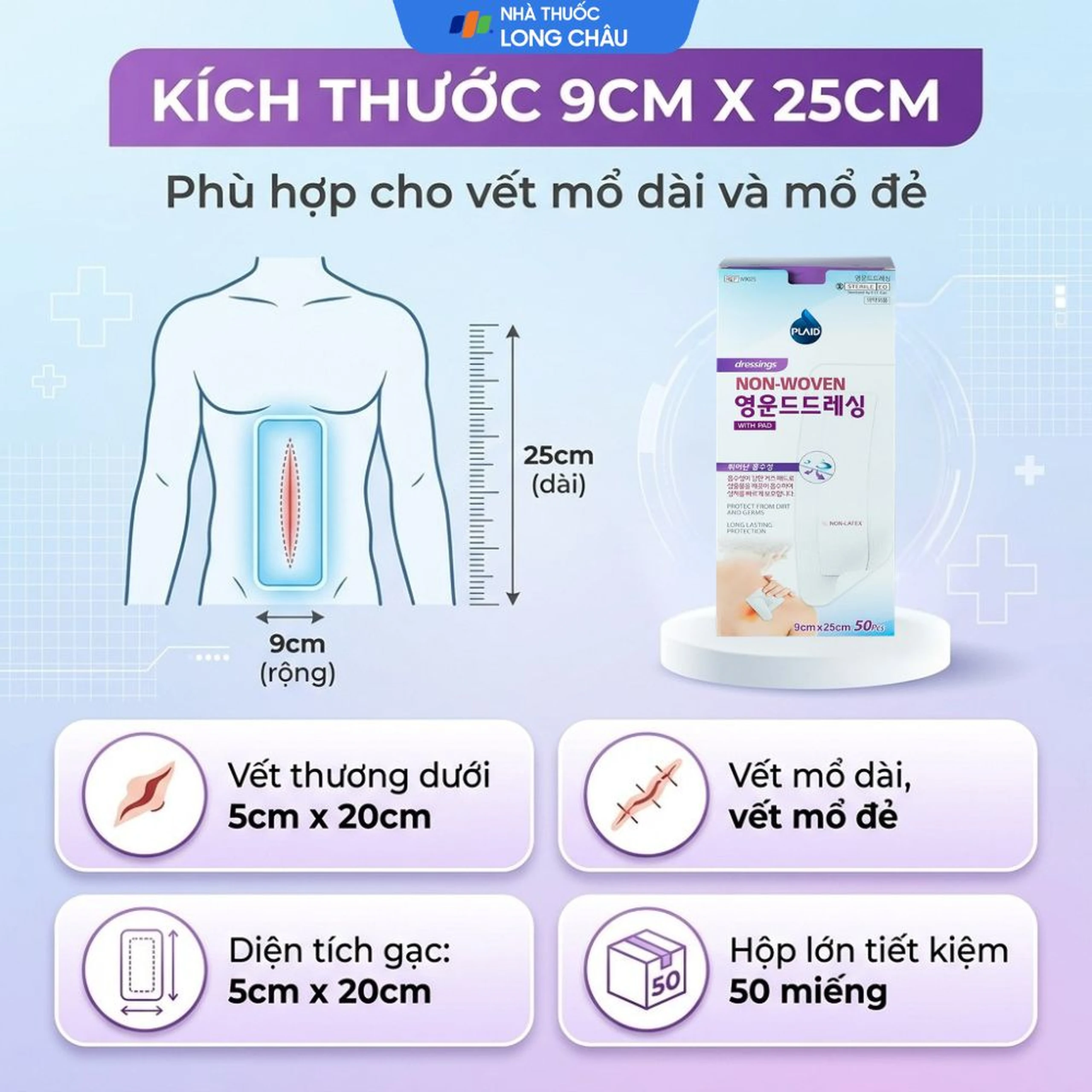Gạc vô trùng Plaid Wound Dressing 9x25cm (50 miếng) Young Chemical 4