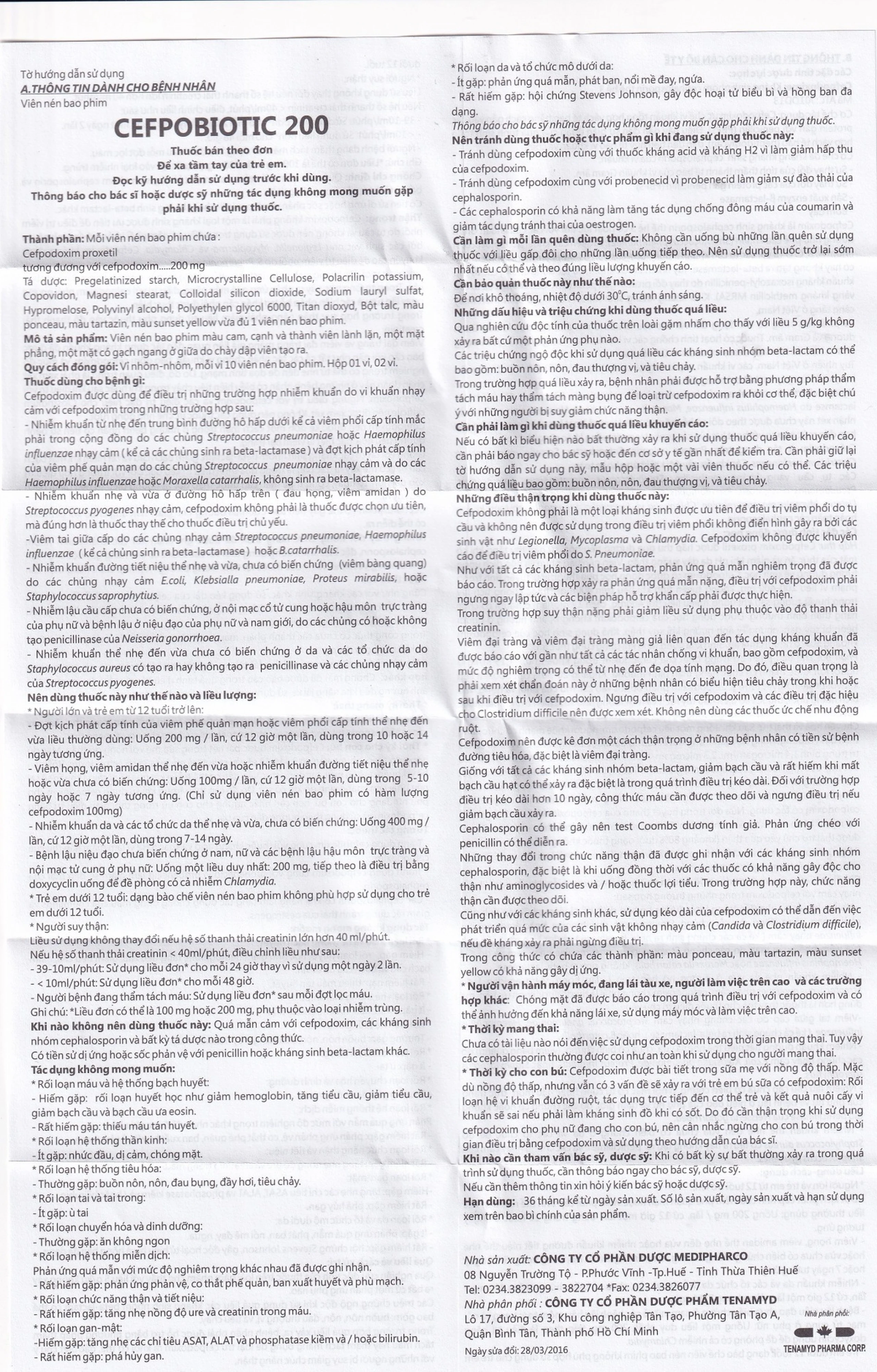 Thuốc Cefpobiotic 200mg Medipharco điều trị nhiễm khuẩn (2 vỉ x 10 viên)