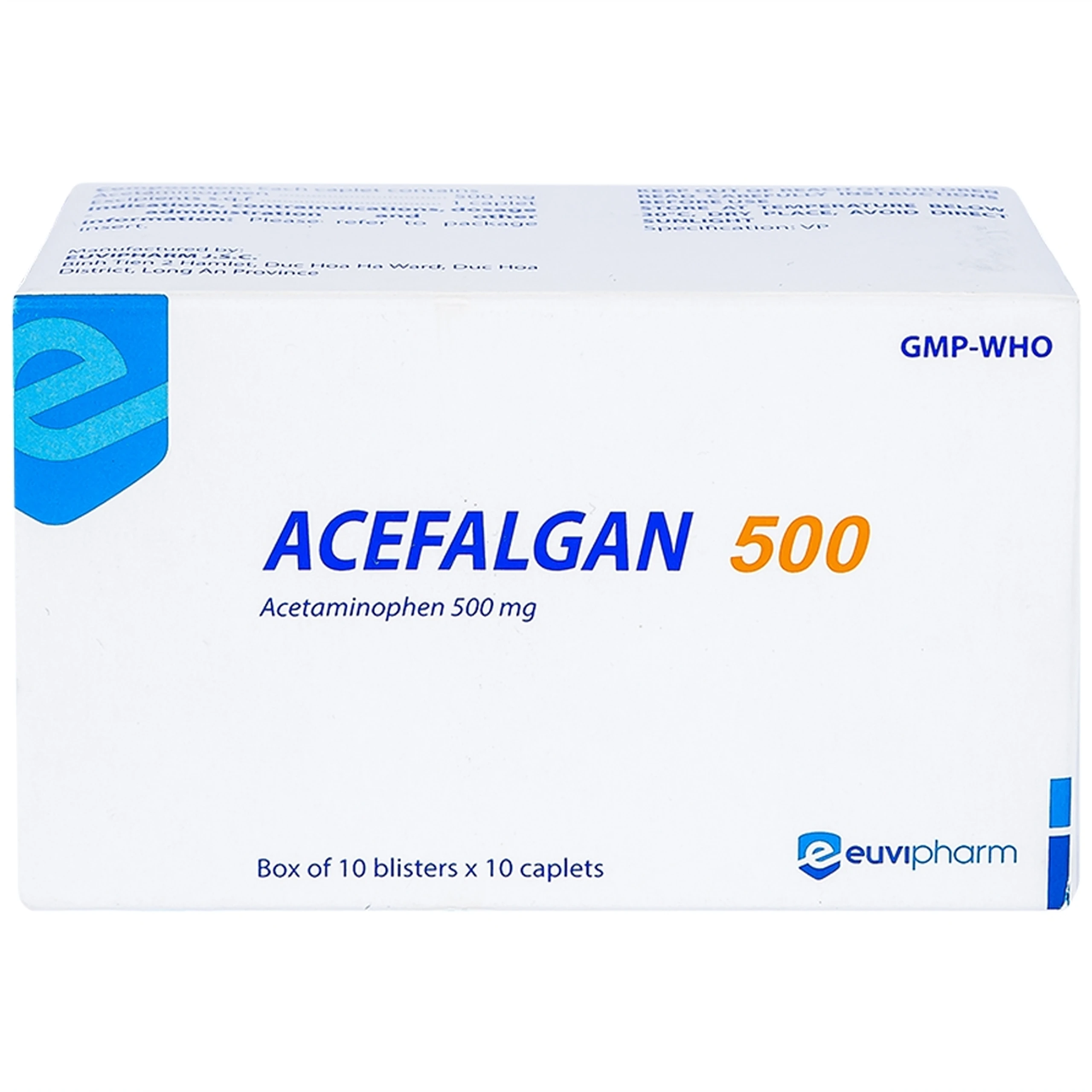 Thuốc Acefalgan 500mg Euvipharm giảm đau nhẹ đến vừa, hạ sốt (10 vỉ x 10 viên)
