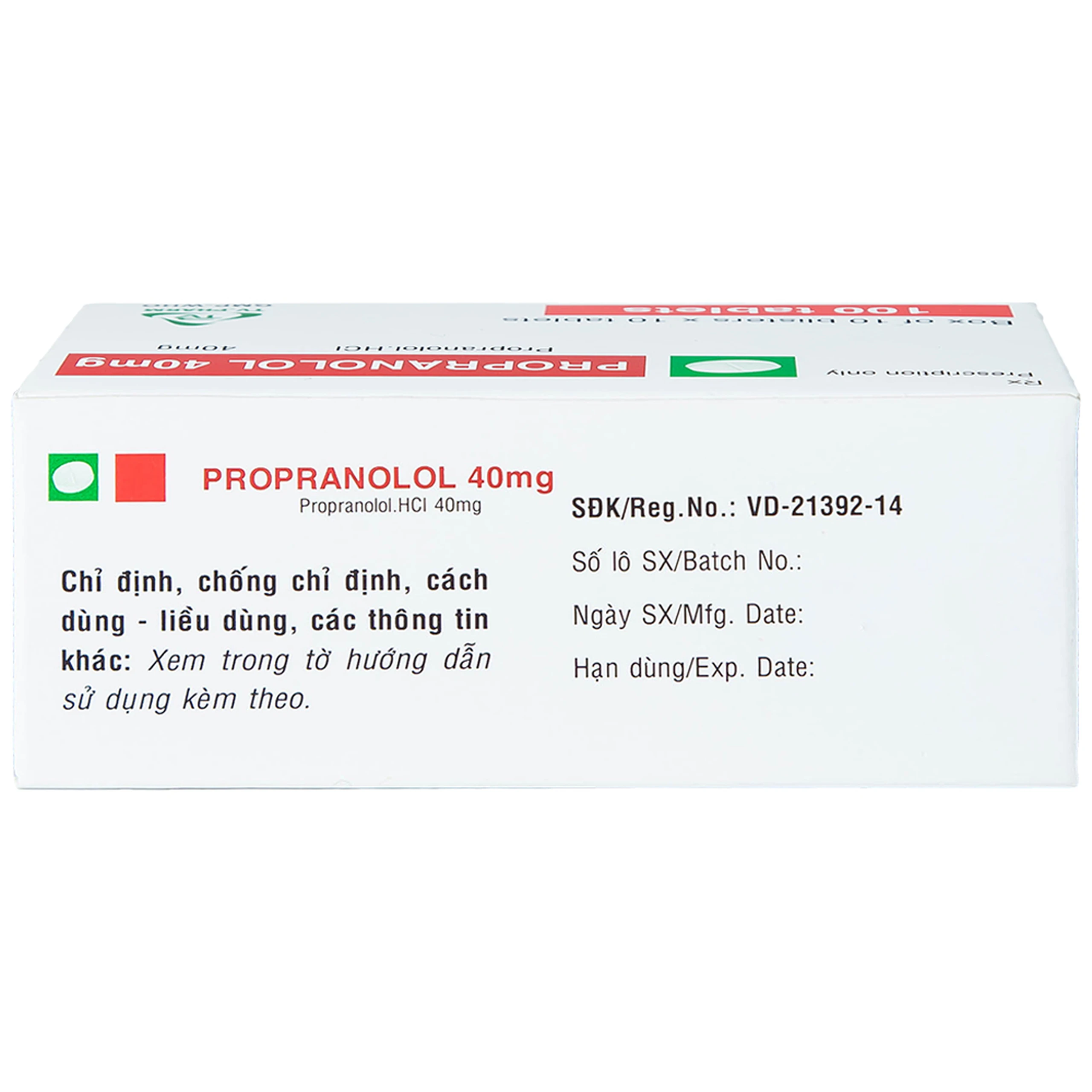 Thuốc Propranolol 40mg TV.Pharm điều trị tăng huyết áp, đau thắt ngực (10 vỉ x 10 viên)