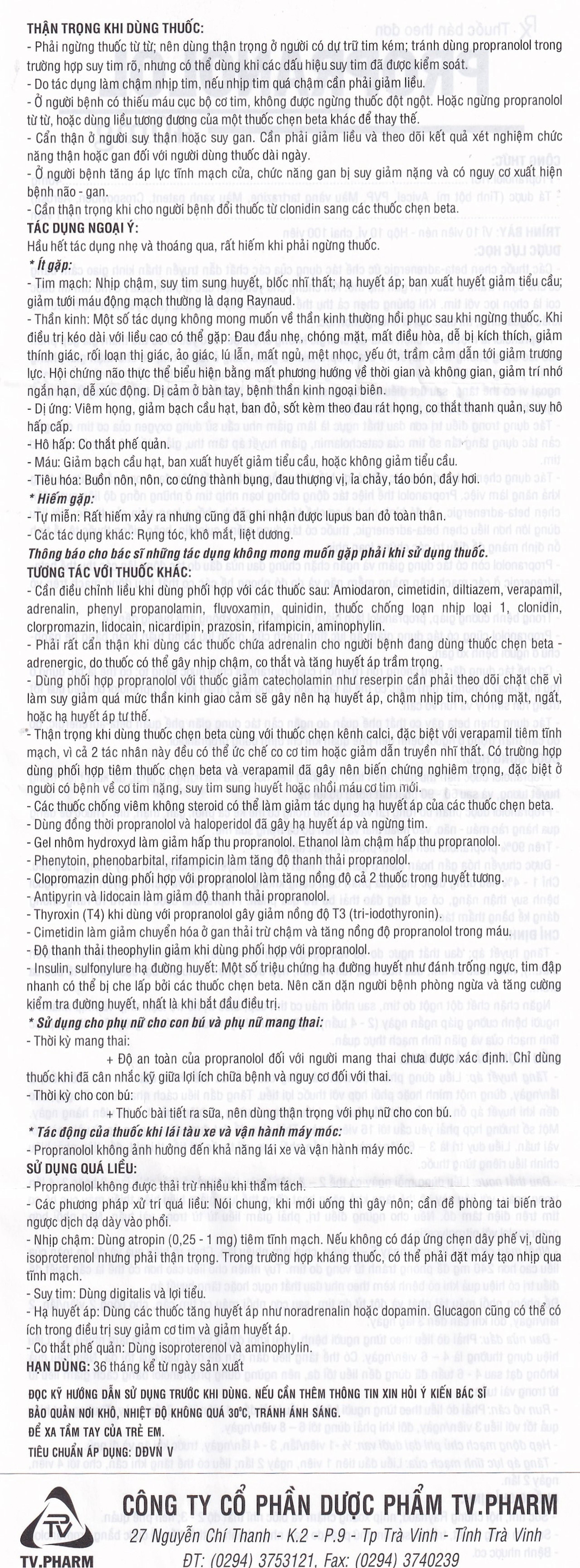 Thuốc Propranolol 40mg TV.Pharm điều trị tăng huyết áp, đau thắt ngực (10 vỉ x 10 viên)