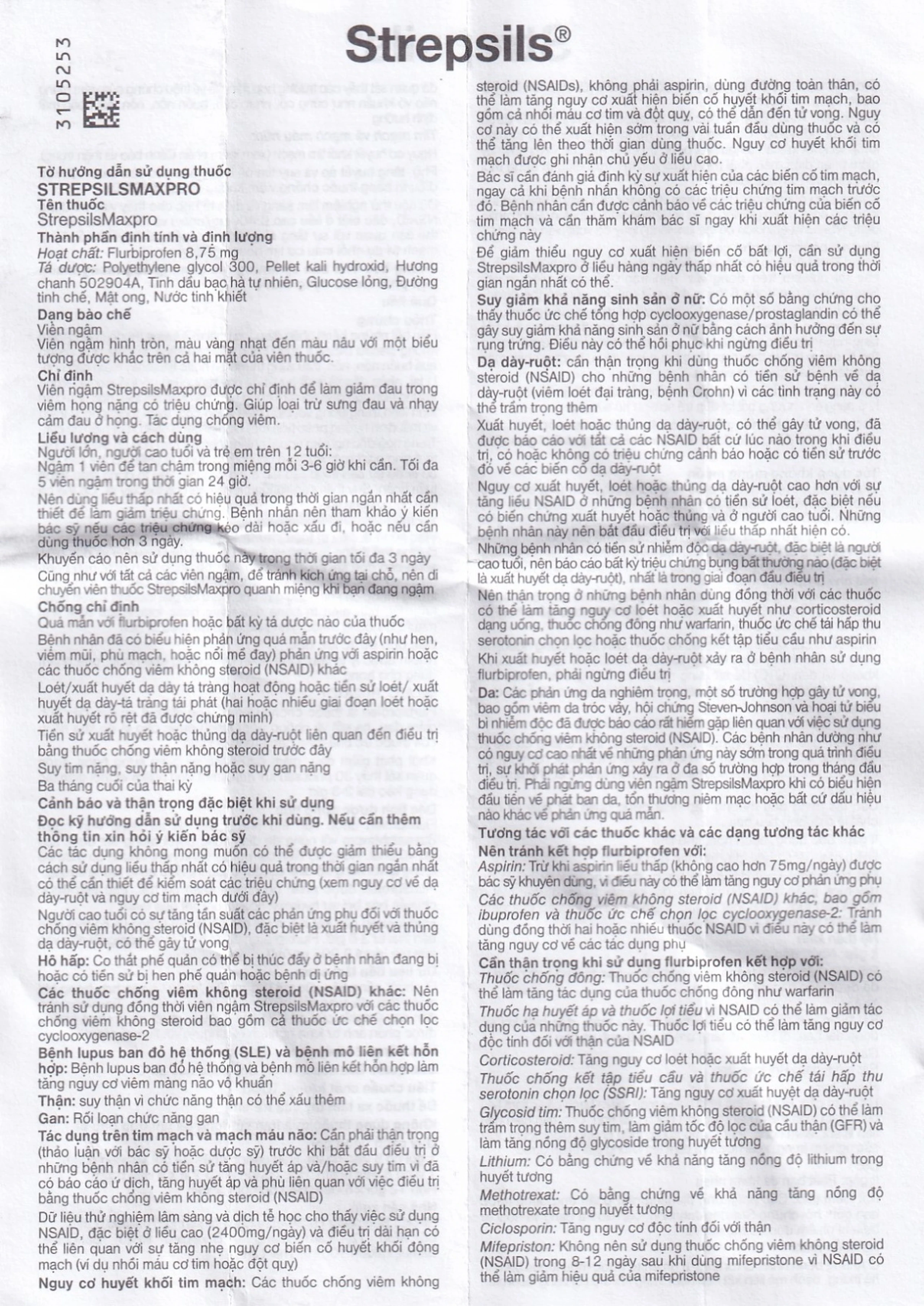 Viên ngậm Strepsils Maxpro Reckitt Benckiser làm giảm đau trong viêm họng (12 gói x 8 viên)