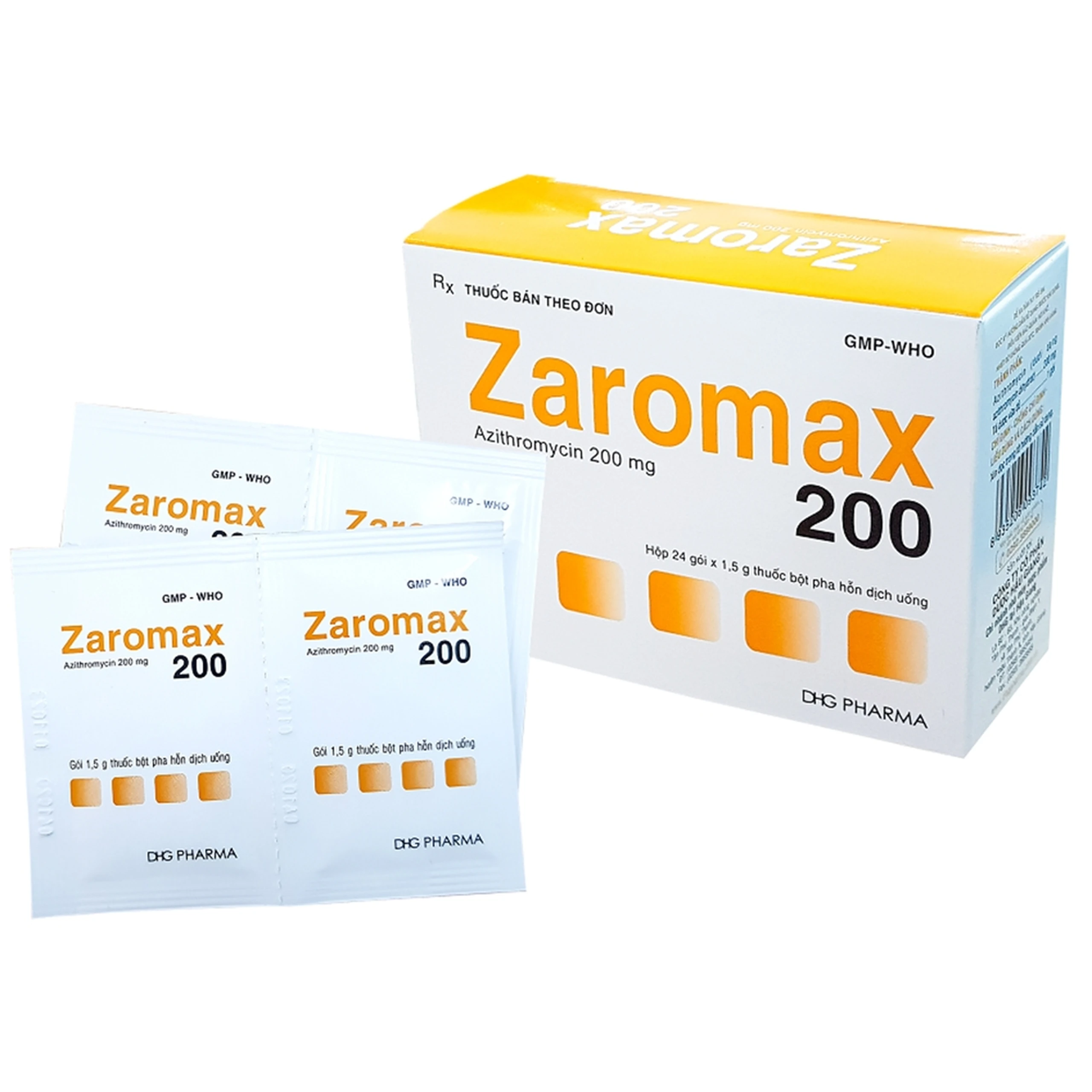 Bột pha hỗn dịch uống Zaromax 200 DHG Pharma điều trị viêm phế quản, viêm phổi (24 gói)