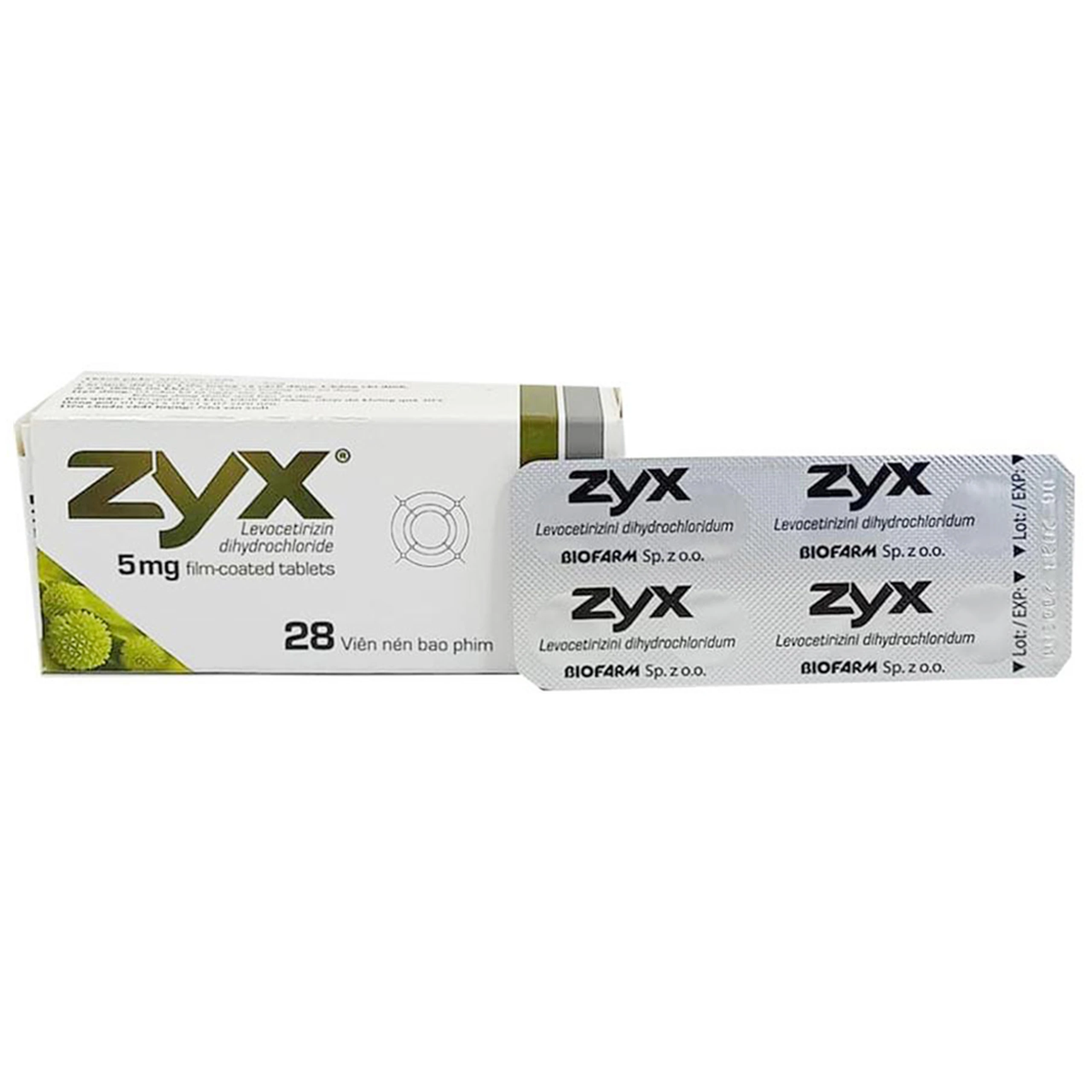 Thuốc Zyx 5mg Biofarm điều trị viêm mũi dị ứng, hắt hơi, chảy nước mũi, viêm kết mạc dị ứng (4 vỉ x 7 viên)