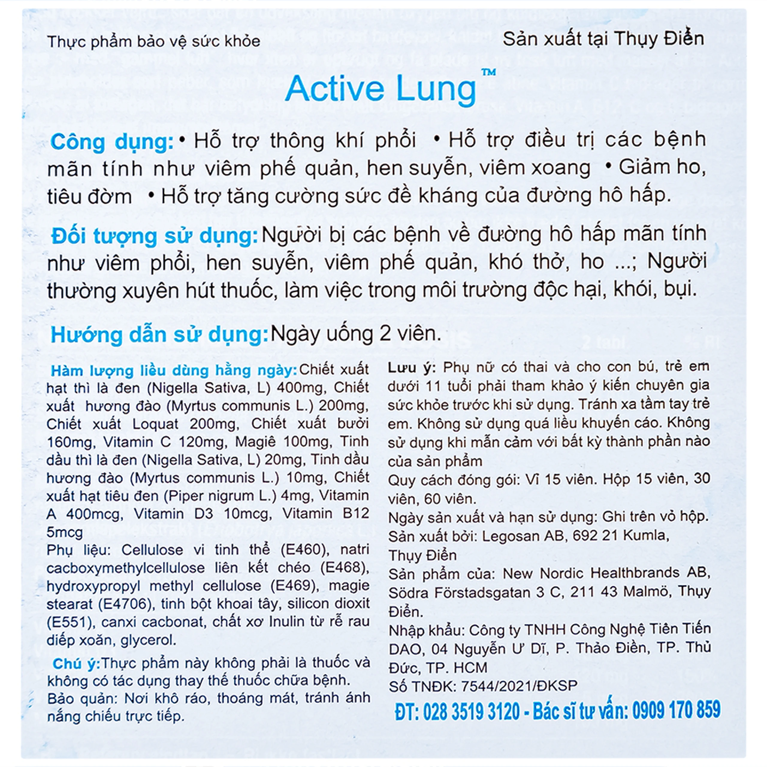 Viên uống hỗ trợ thông khí phổi, giảm viêm phế quản, hen suyễn Active Lung New Nordic (2 vỉ x 15 viên)