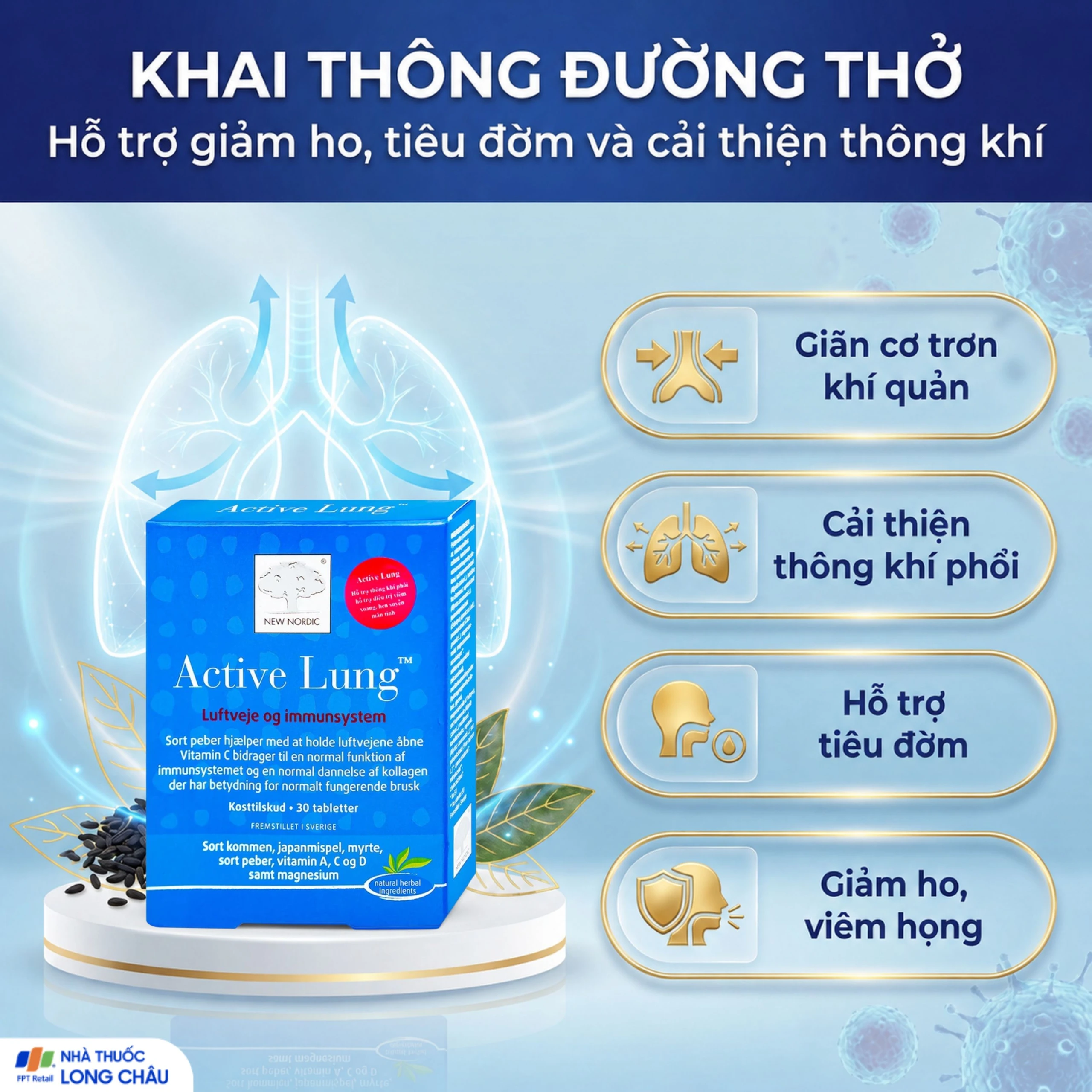 Viên uống hỗ trợ thông khí phổi, giảm viêm phế quản, hen suyễn Active Lung New Nordic (2 vỉ x 15 viên) 3