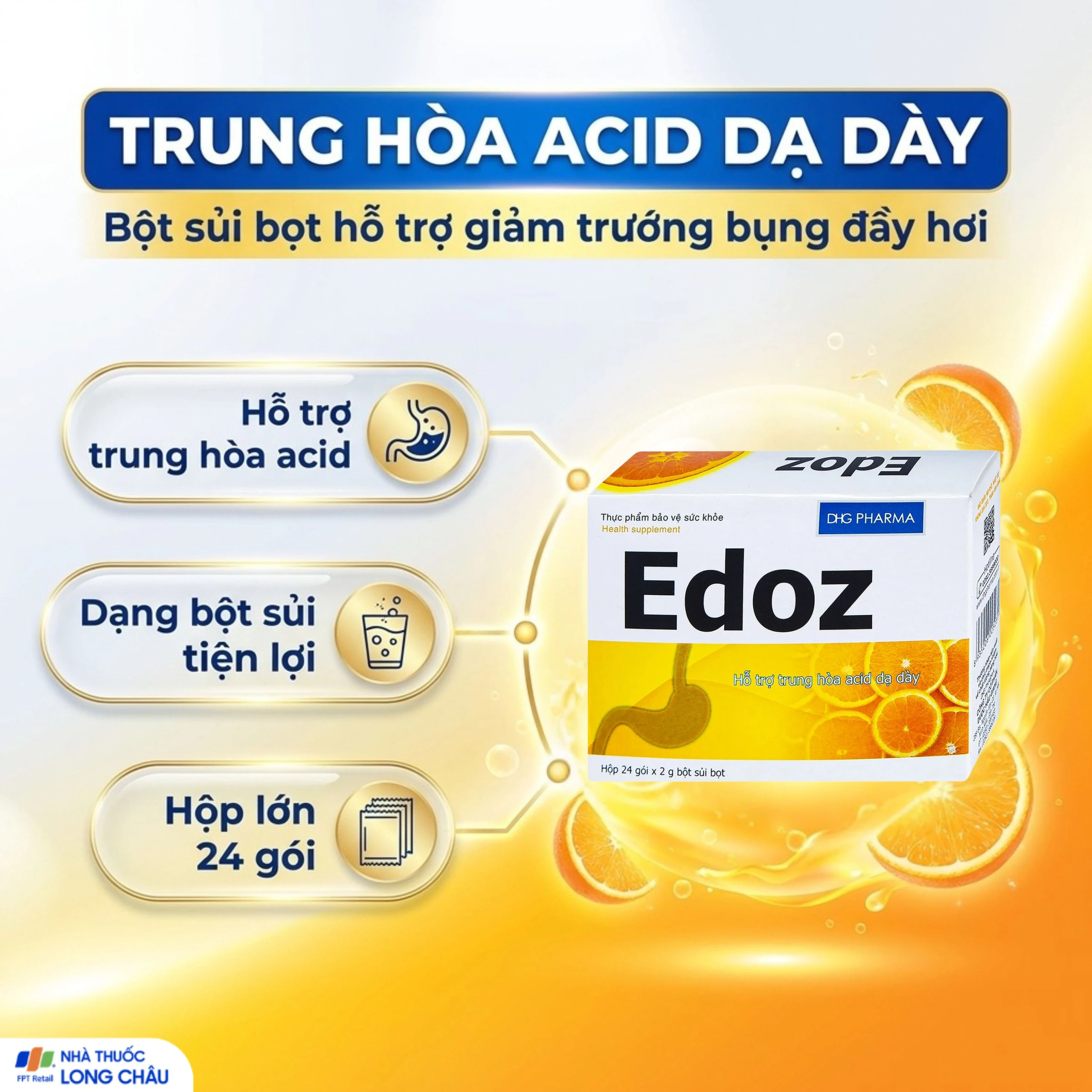 Bột sủi bọt hỗ trợ trung hòa acid dạ dày Edoz DHG (24 gói x 2g) 2