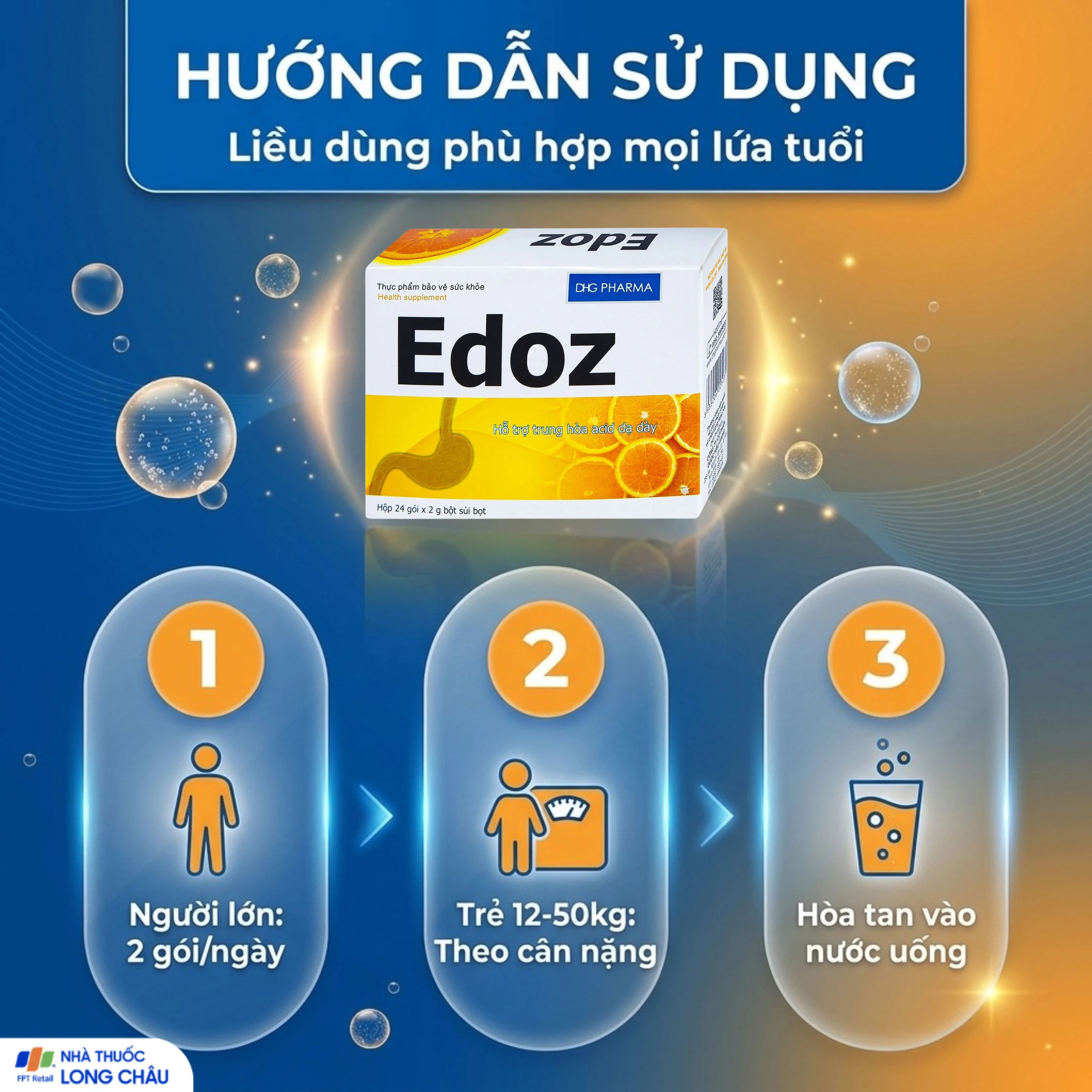 Bột sủi bọt hỗ trợ trung hòa acid dạ dày Edoz DHG (24 gói x 2g) 5