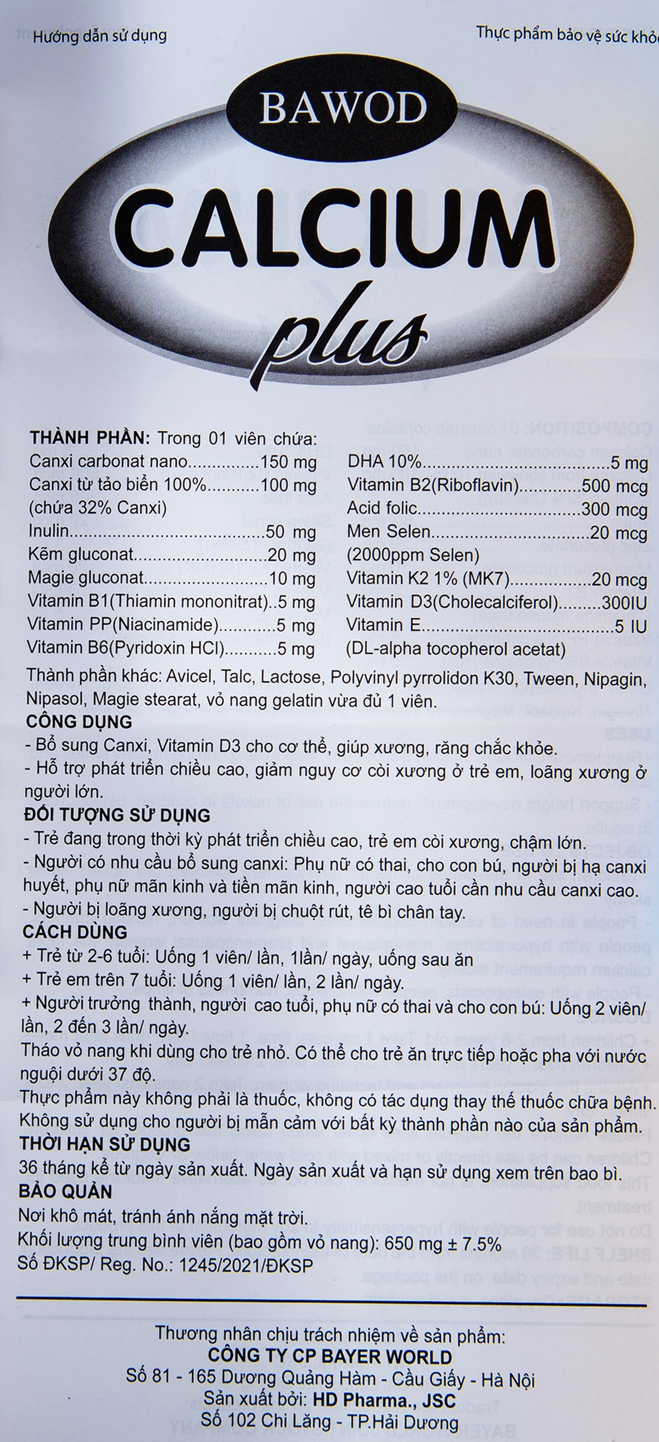 Viên uống giúp răng xương chắc khỏe, tăng chiều cao, giảm còi xương Bawod Calcium Plus (60 viên)