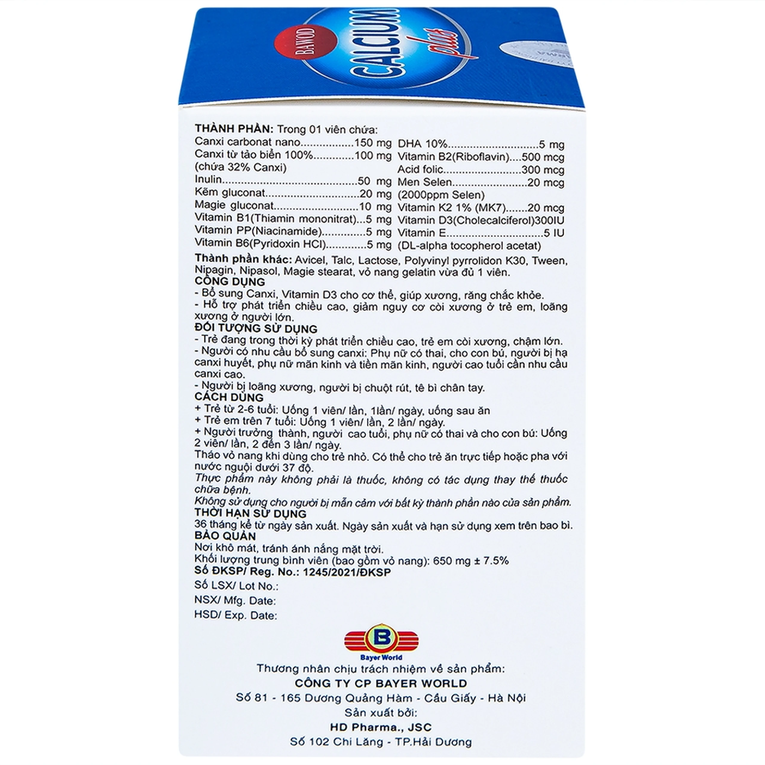 Viên uống giúp răng xương chắc khỏe, tăng chiều cao, giảm còi xương Bawod Calcium Plus (60 viên)