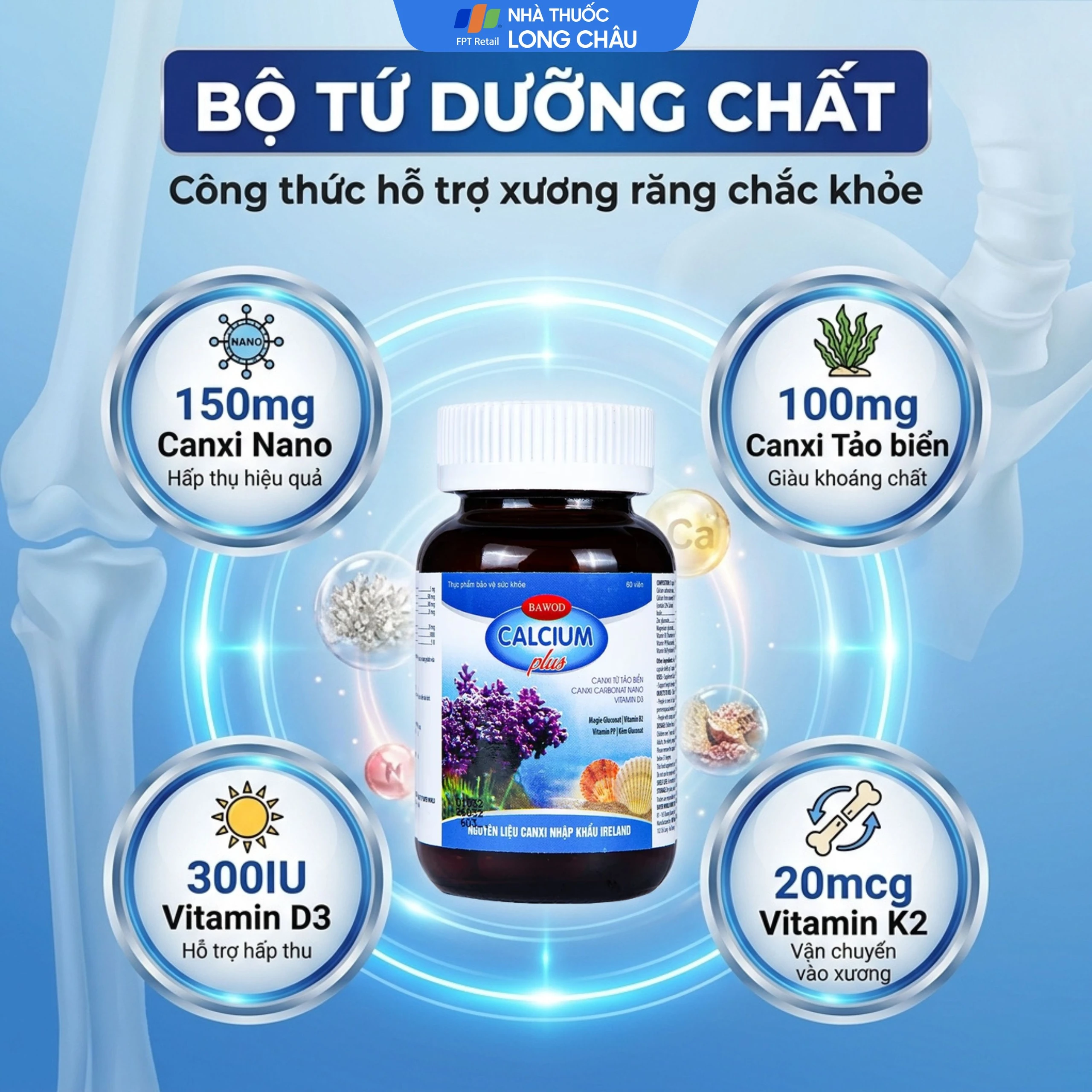 Viên uống giúp răng xương chắc khỏe, tăng chiều cao, giảm còi xương Bawod Calcium Plus (60 viên) 4