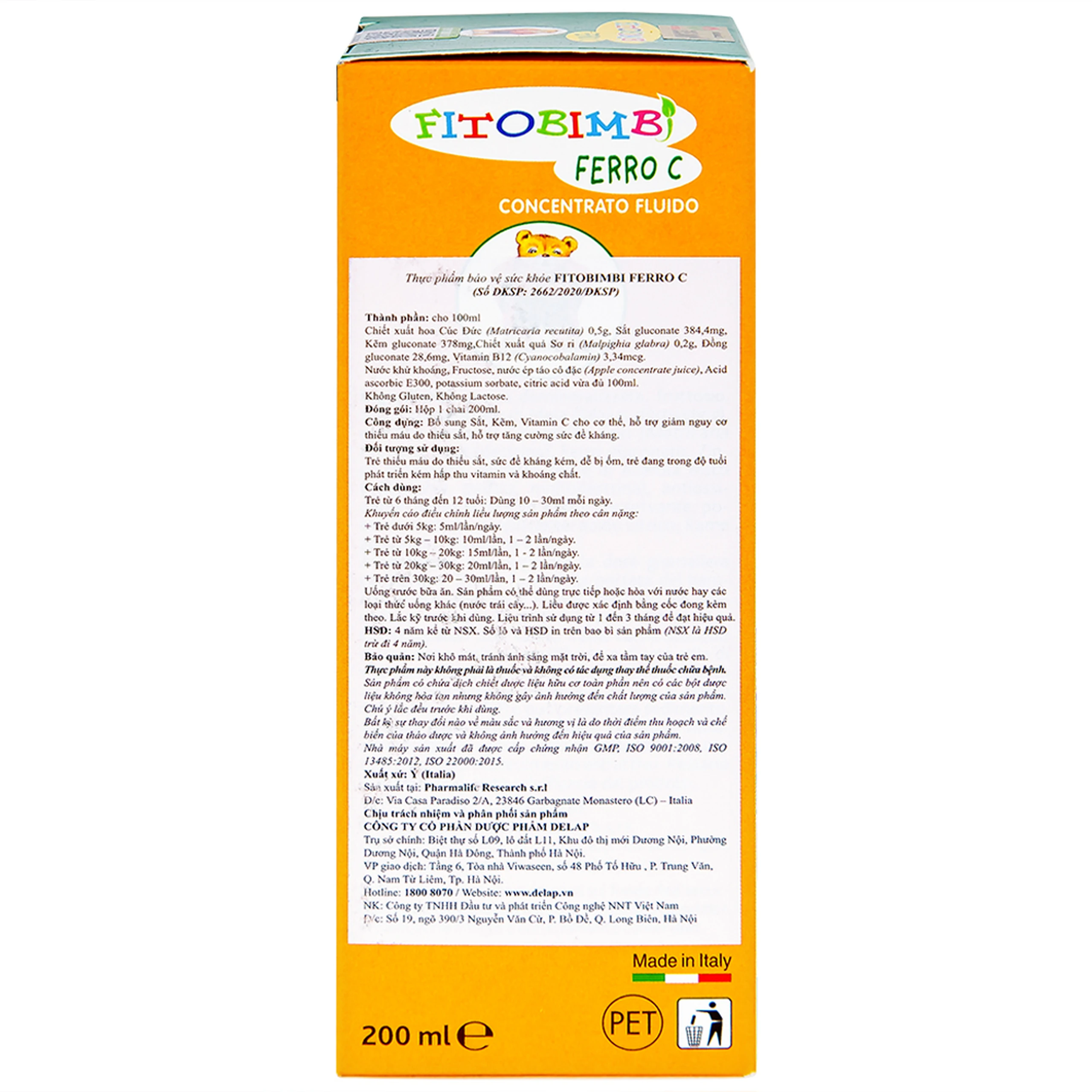 Siro hỗ trợ giảm nguy cơ thiếu máu do thiếu sắt Fitobimbi Ferro C (200ml)