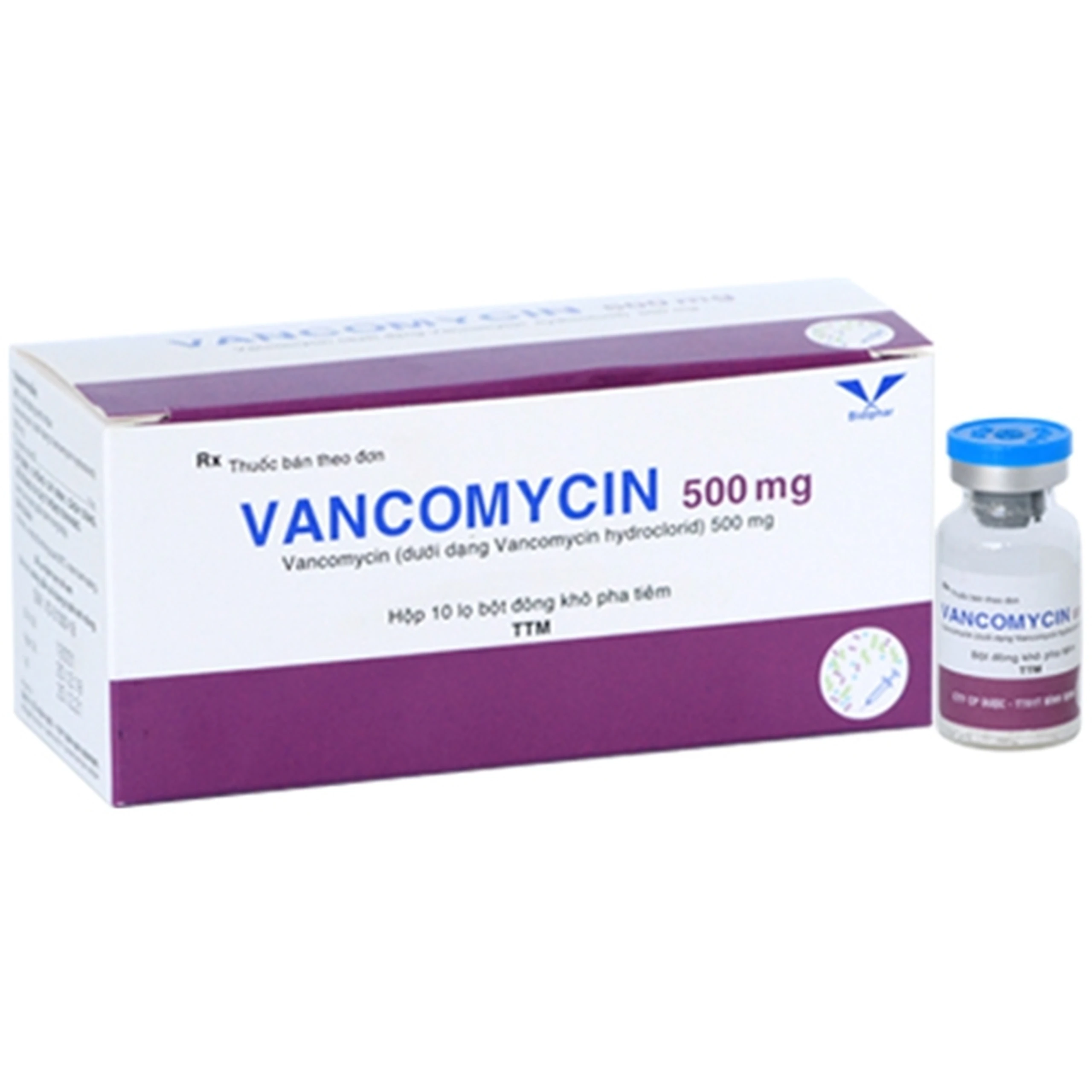 Bột pha tiêm Vancomycin 500mg Bidiphar điều trị các nhiễm khuẩn nặng, bệnh thận và tim (10 lọ)