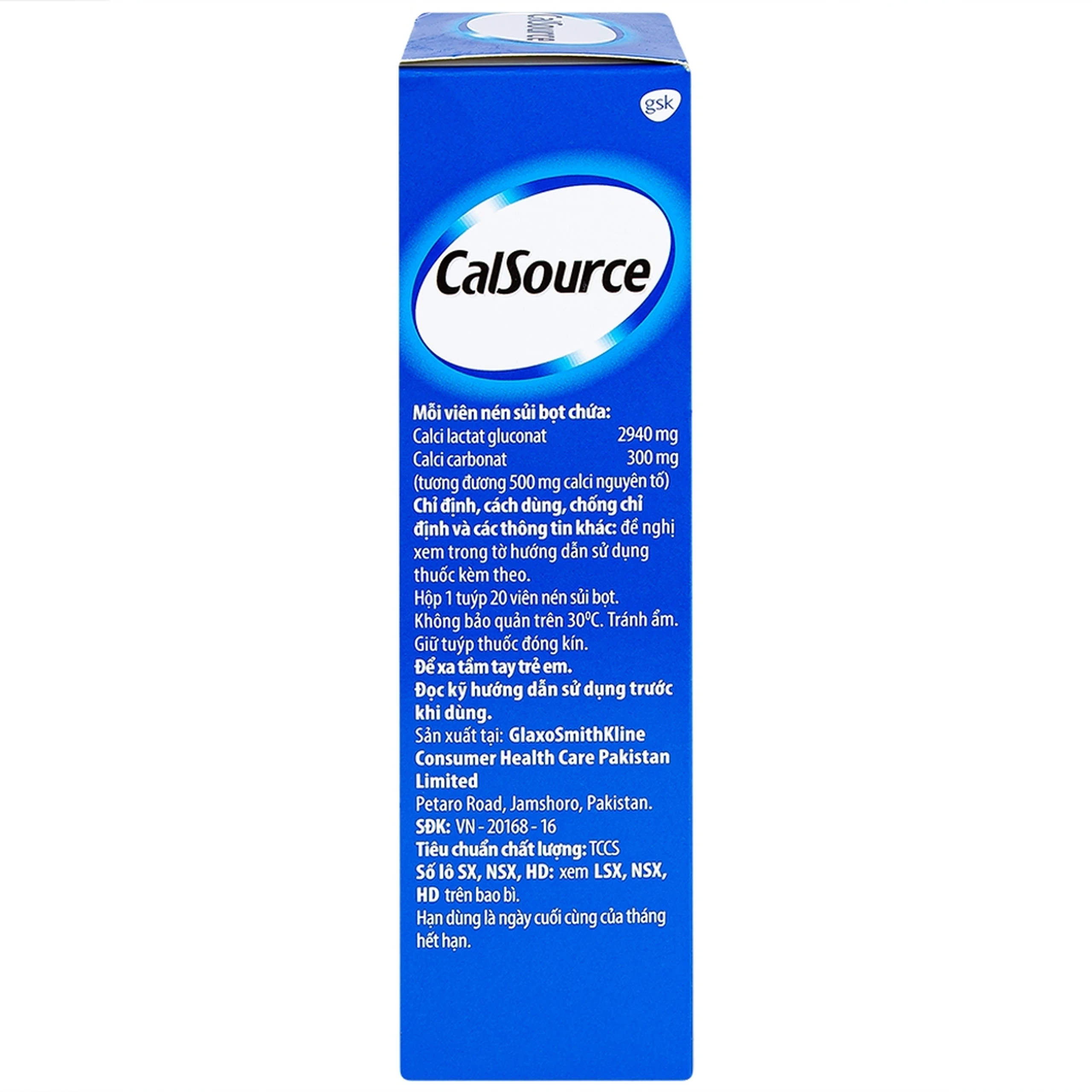 Viên sủi CalSource 500mg GSK phòng ngừa và điều trị thiếu canxi (20 viên)