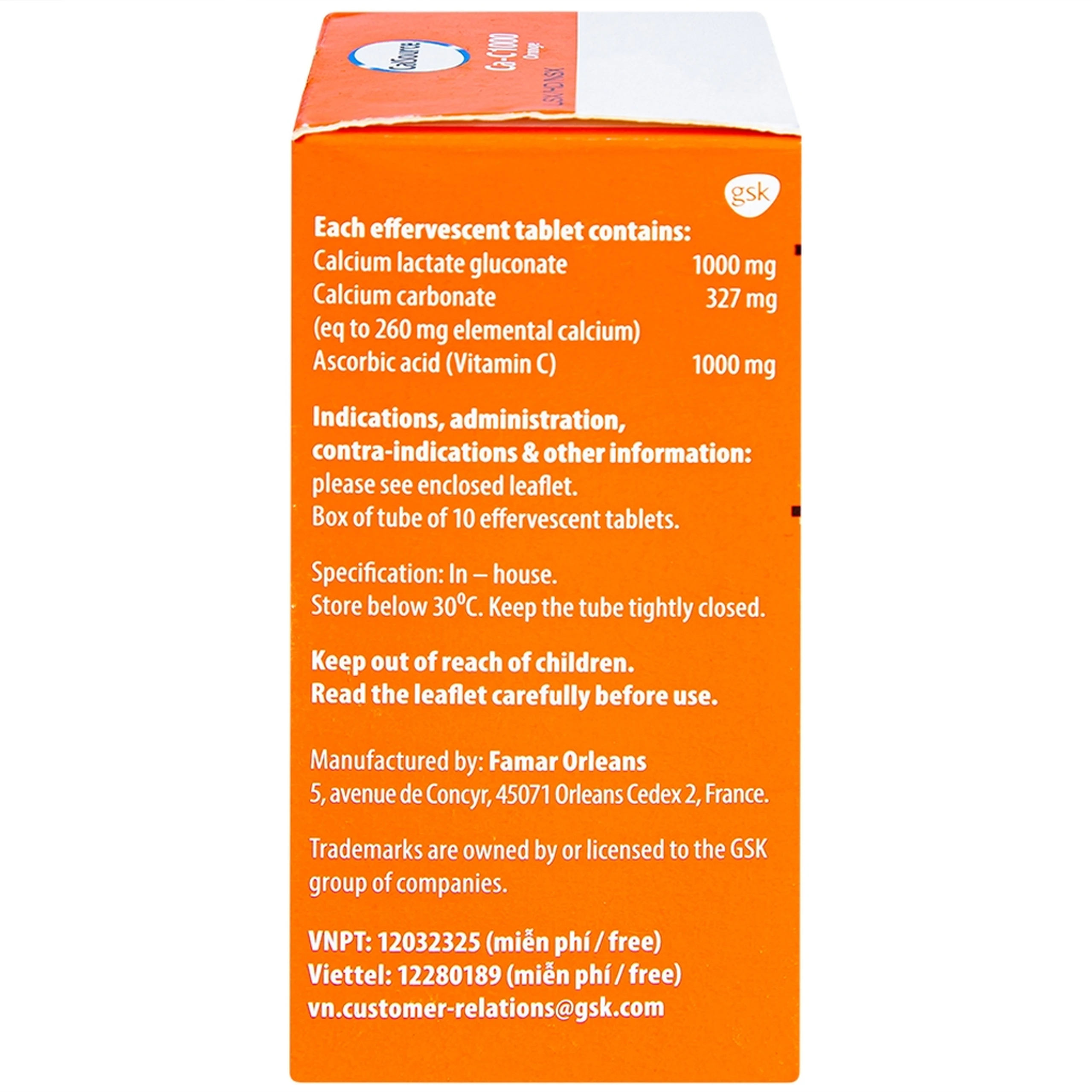 Viên sủi Ca-C1000 Orange Gsk điều trị thiếu calci hoặc vitamin C (10 viên)