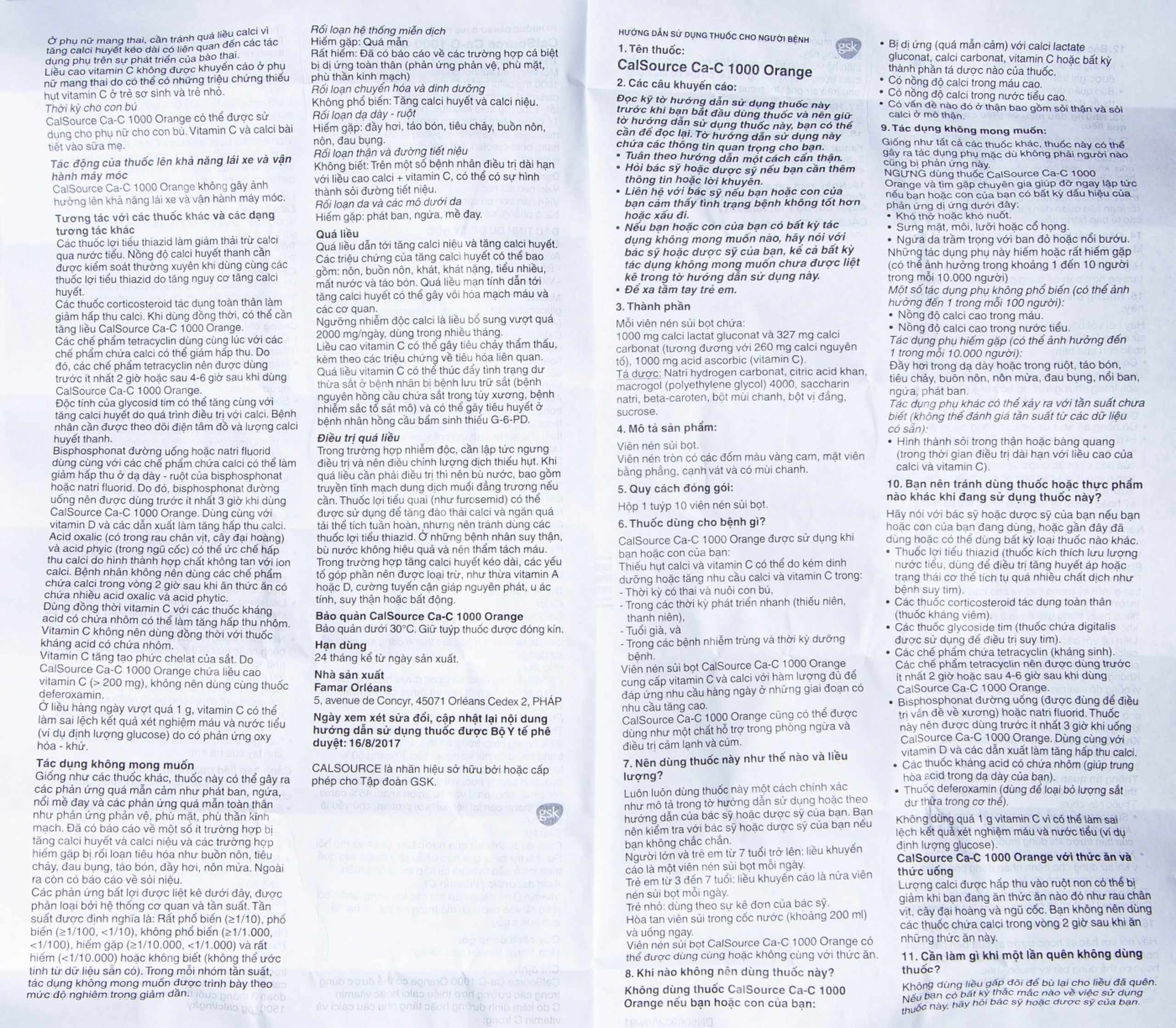 Viên sủi Ca-C1000 Orange Gsk điều trị thiếu calci hoặc vitamin C (10 viên)