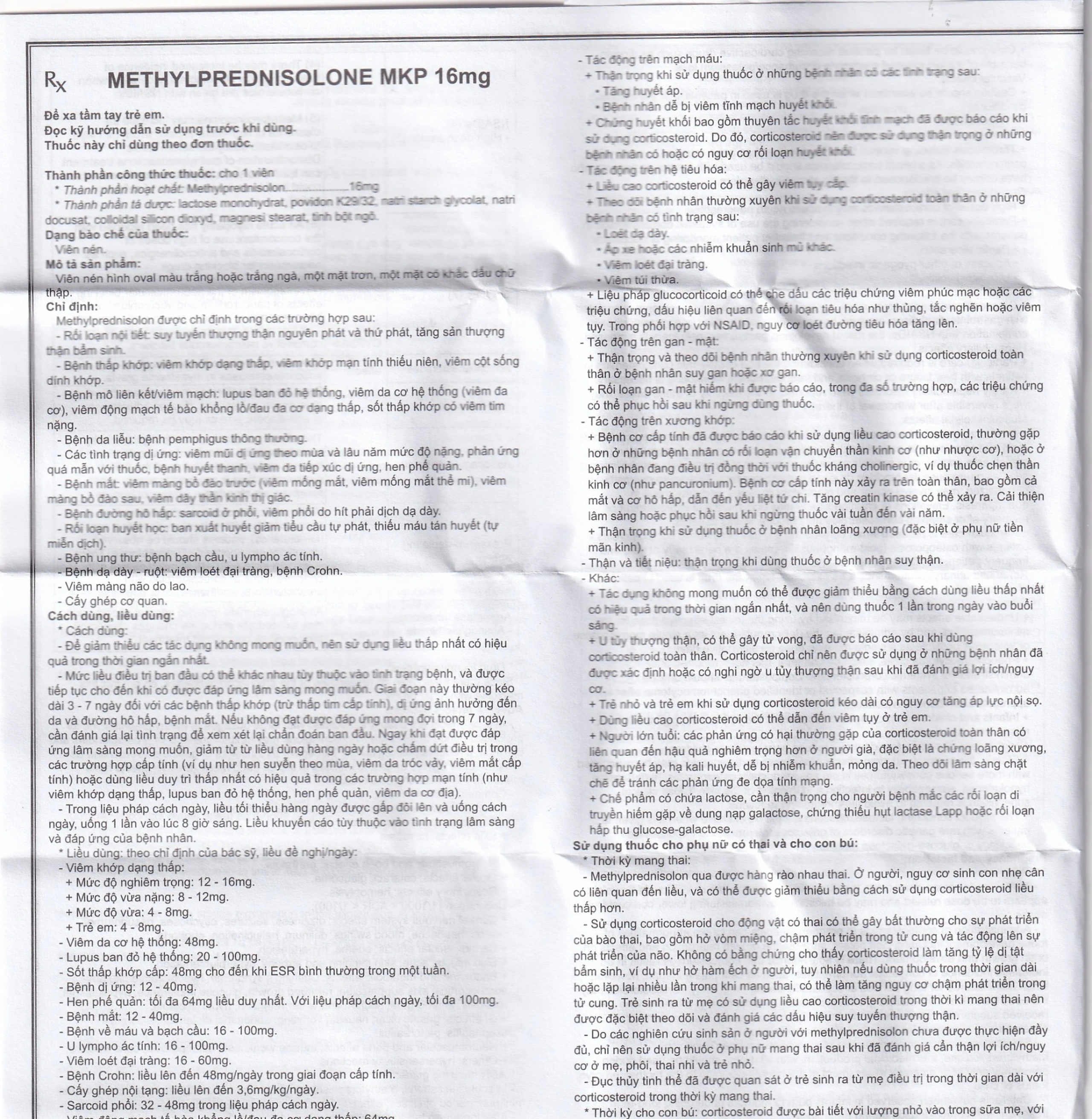 Thuốc Methylprednisolone MKP 16mg Mekophar kháng viêm, điều trị rối loạn nội tiết, viêm khớp (10 vỉ x 10 viên)