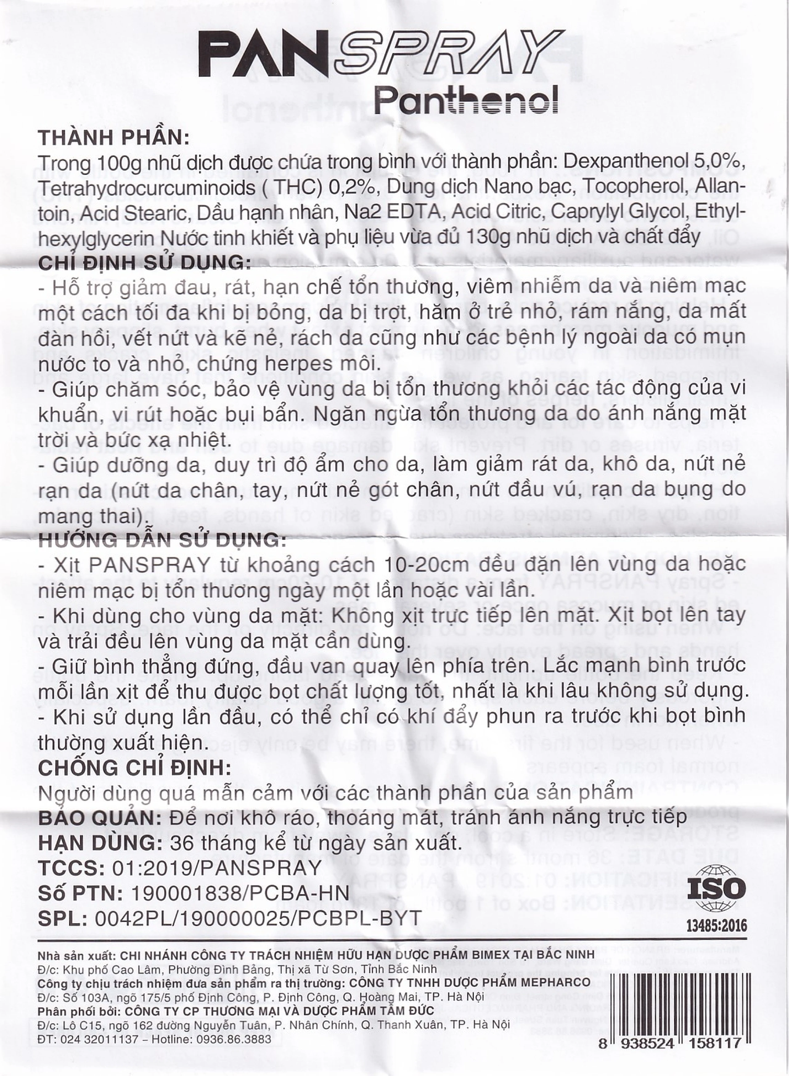 Xịt dưỡng ẩm, giảm viêm da Panspray Panthenol Nano Bạc Bimex 130g