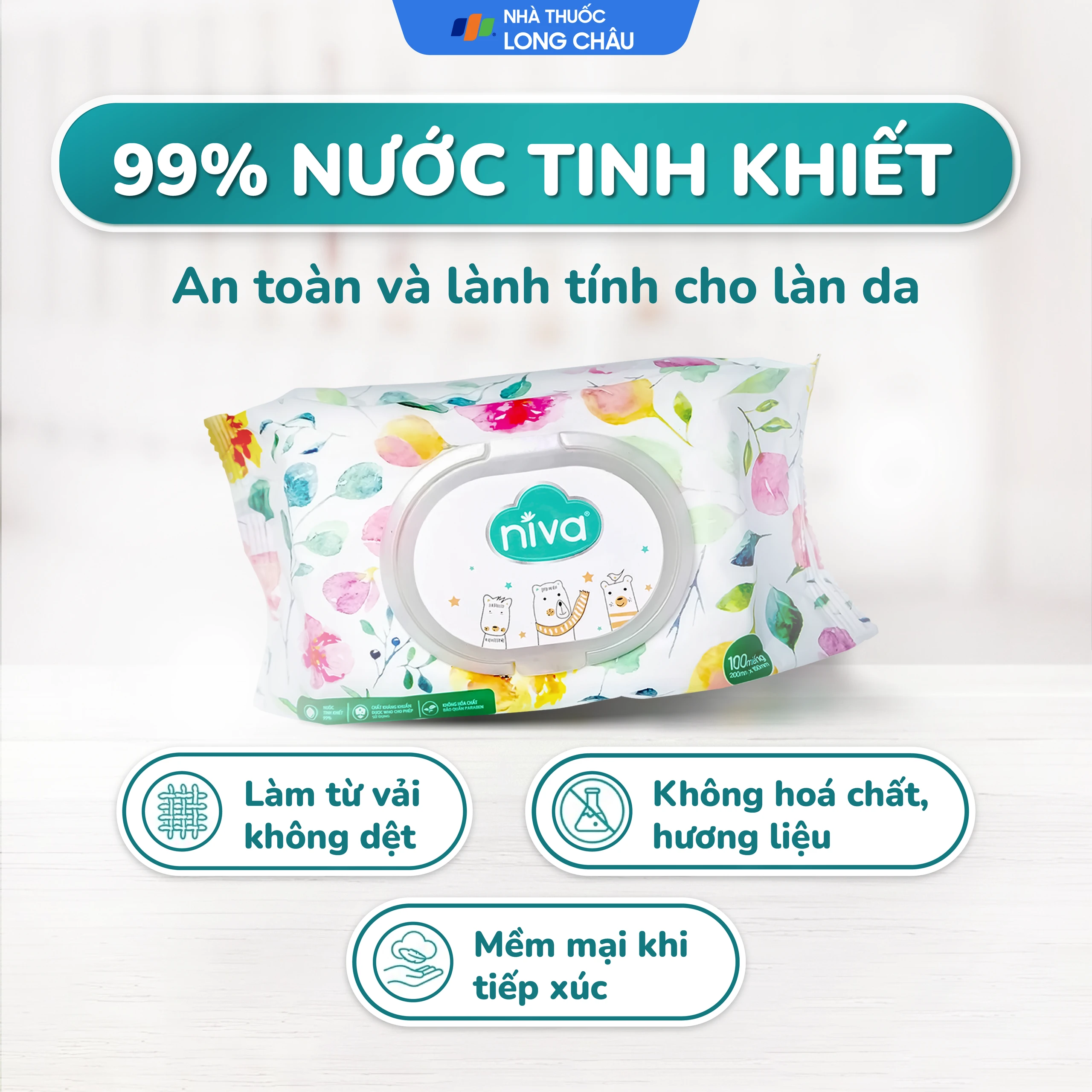 Khăn giấy ướt Niva Baby làm sạch, kháng khuẩn và giữ vệ sinh (100 miếng) 3