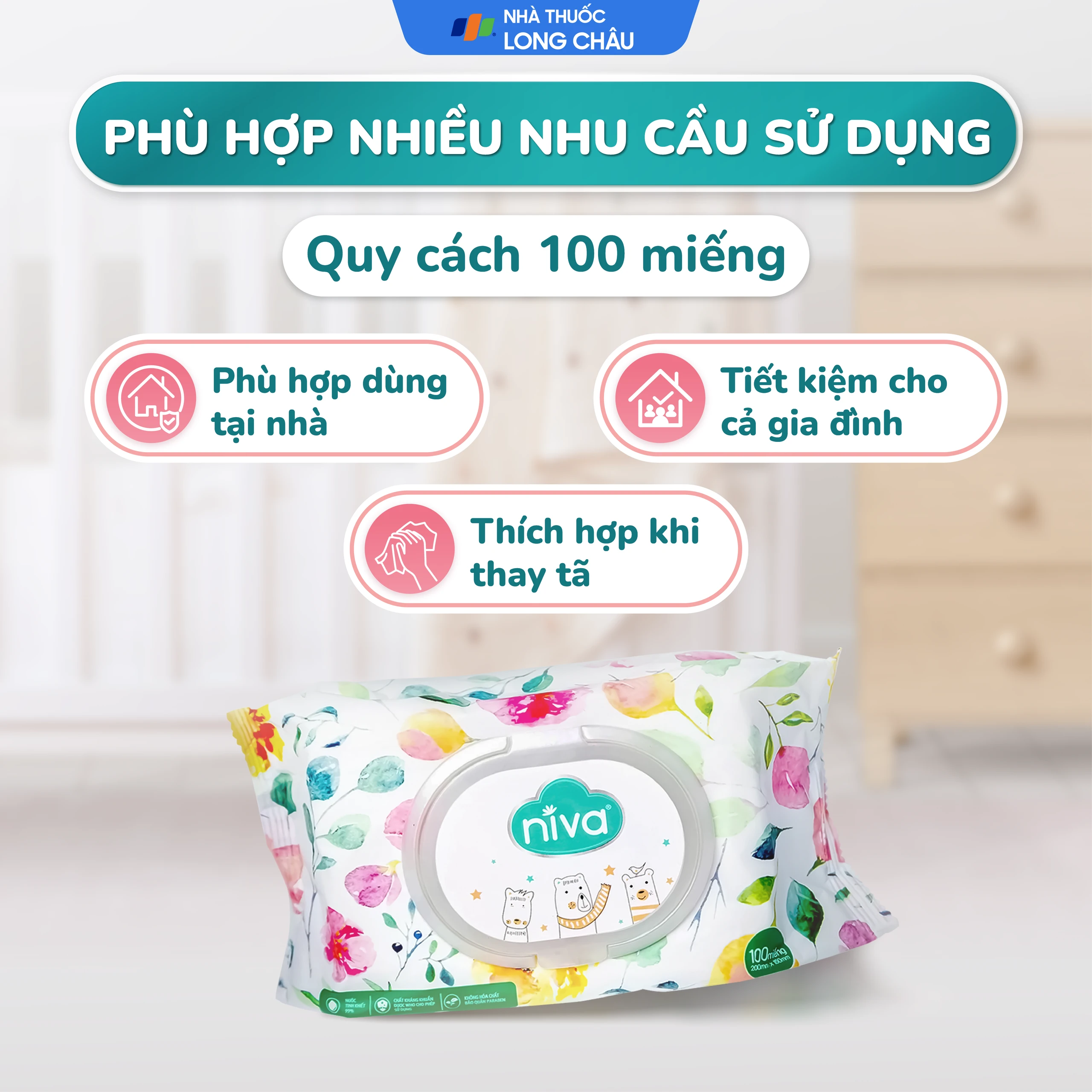 Khăn giấy ướt Niva Baby làm sạch, kháng khuẩn và giữ vệ sinh (100 miếng) 4