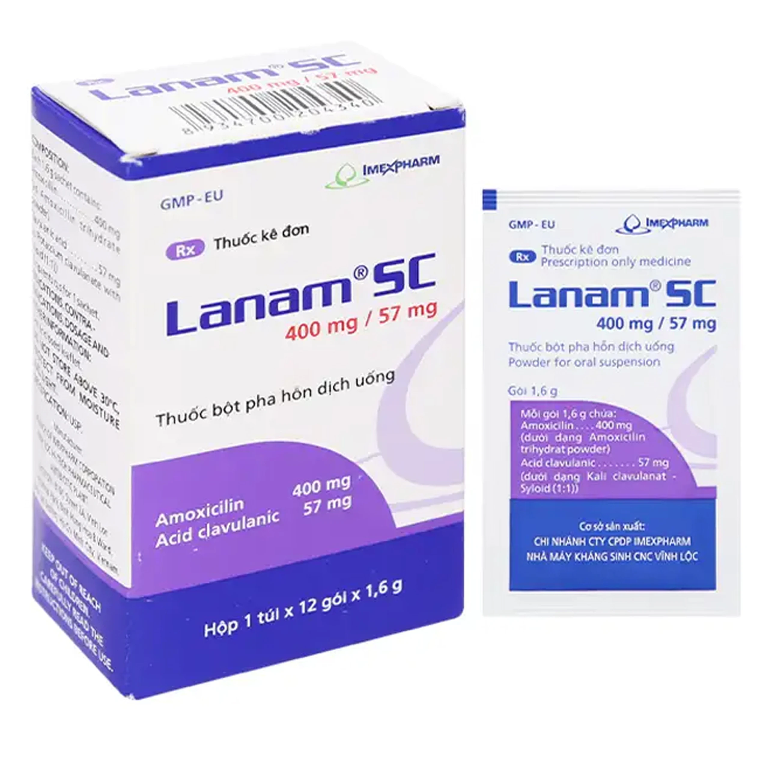Thuốc bột pha hỗn dịch uống Lanam SC 400mg/57mg Imexpharm điều trị các nhiễm khuẩn do vi khuẩn (12 gói x 16g).