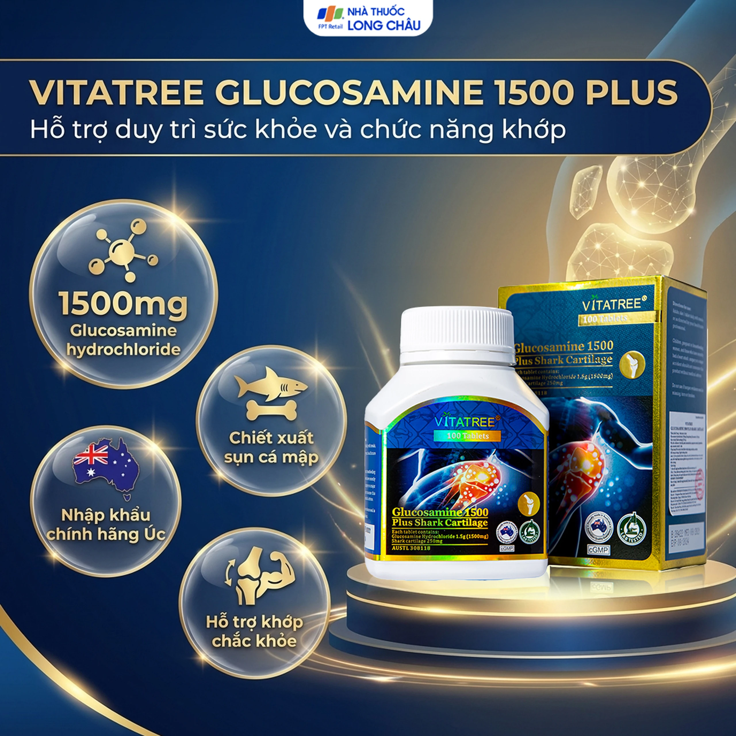 Viên uống hỗ trợ duy trì chức năng của khớp, sụn khớp Vitatree Glucosamine 1500 Plus Shark Cartilage (100 viên) 2