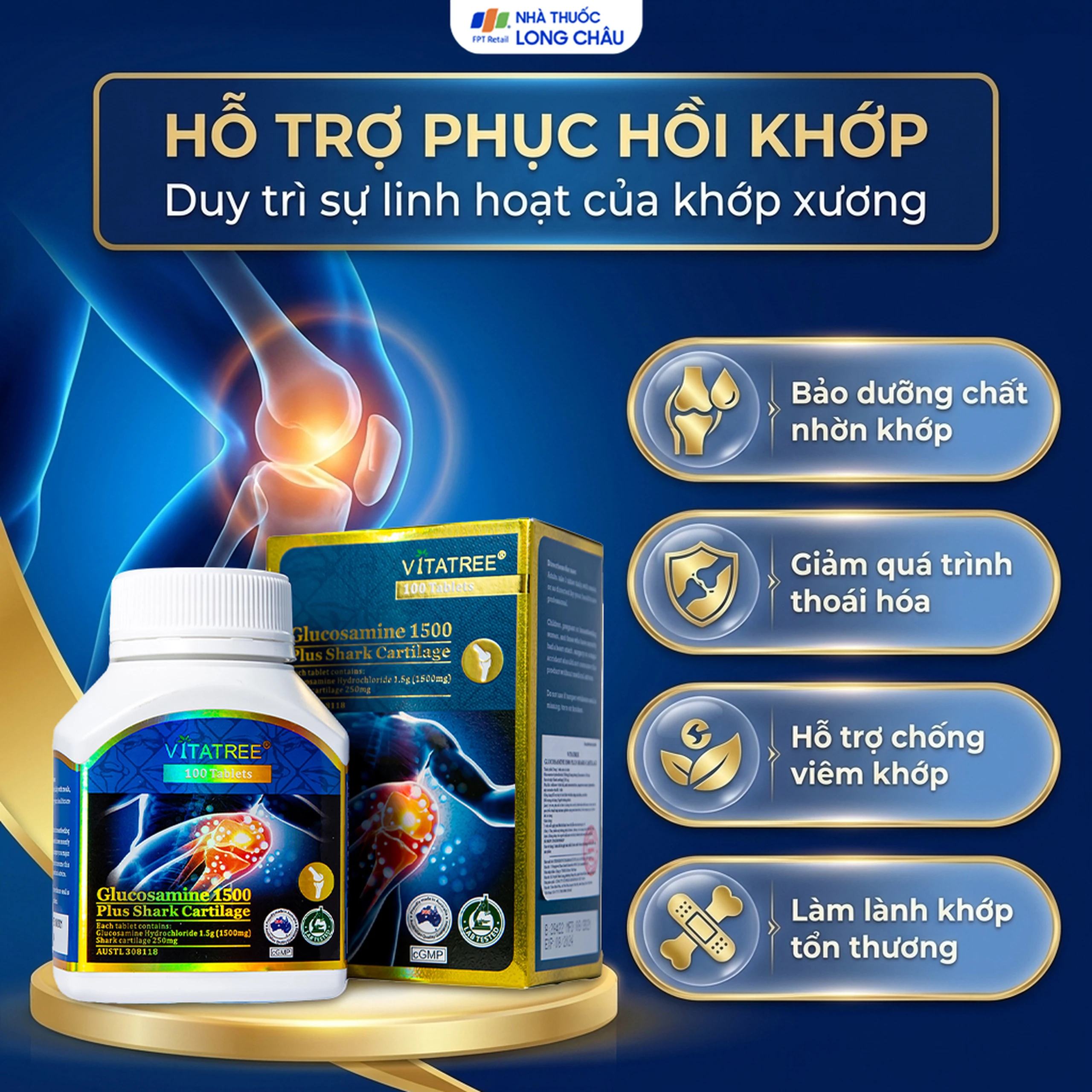 Viên uống hỗ trợ duy trì chức năng của khớp, sụn khớp Vitatree Glucosamine 1500 Plus Shark Cartilage (100 viên) 3