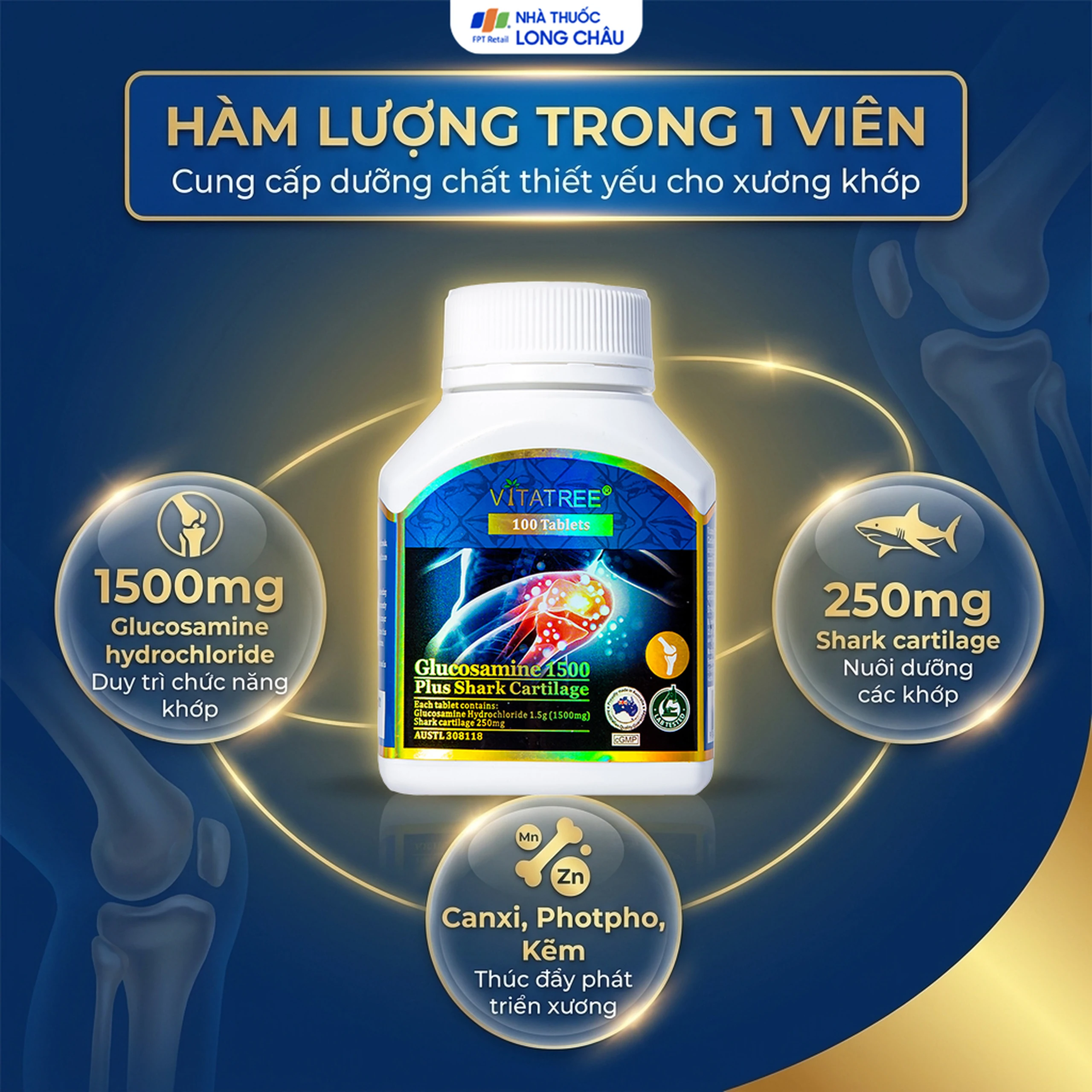 Viên uống hỗ trợ duy trì chức năng của khớp, sụn khớp Vitatree Glucosamine 1500 Plus Shark Cartilage (100 viên) 4