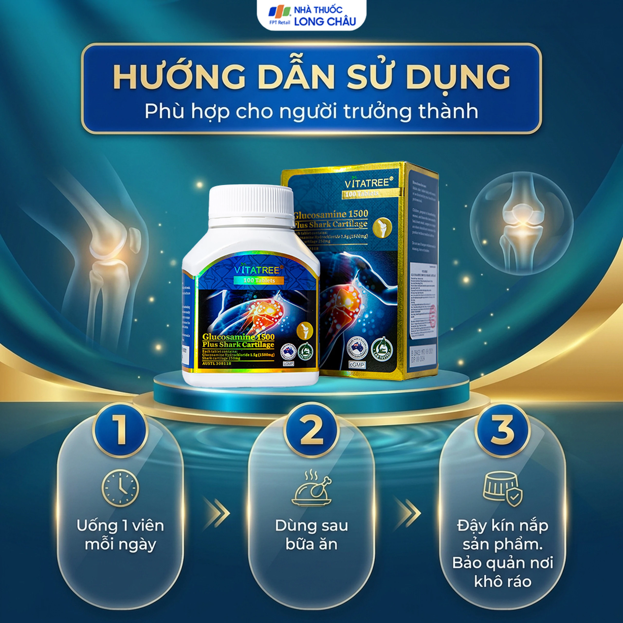 Viên uống hỗ trợ duy trì chức năng của khớp, sụn khớp Vitatree Glucosamine 1500 Plus Shark Cartilage (100 viên) 5