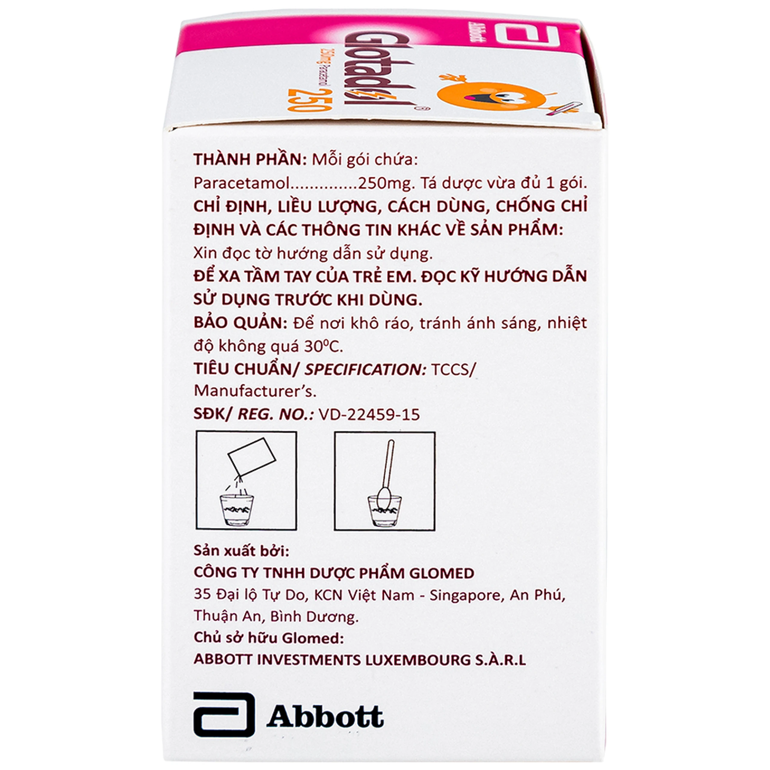 Bột Glotadol 250 Abbott hỗ trợ hạ sốt và giảm đau (20 gói x 2.5g)