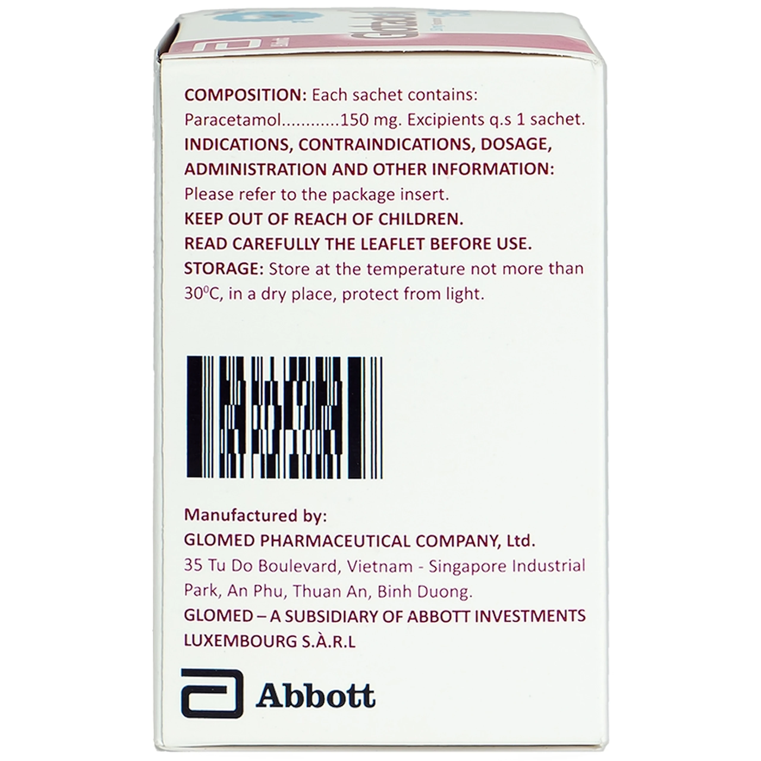 Bột Glotadol 150 Abbott hỗ trợ hạ sốt và giảm các cơn đau do cảm cúm (20 gói x 2g)