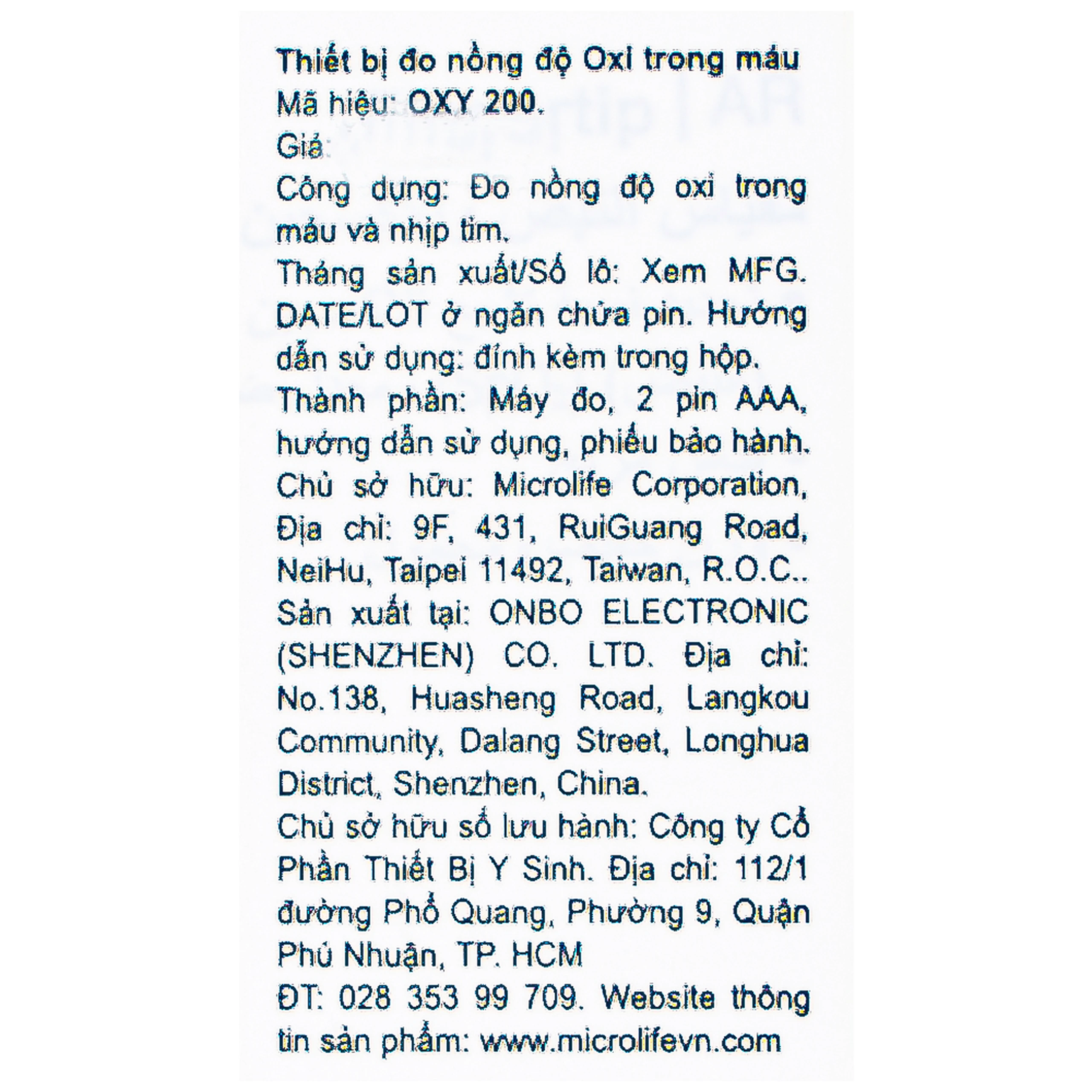 Máy đo nồng độ oxy trong máu SPO2 Microlife Oxy 200