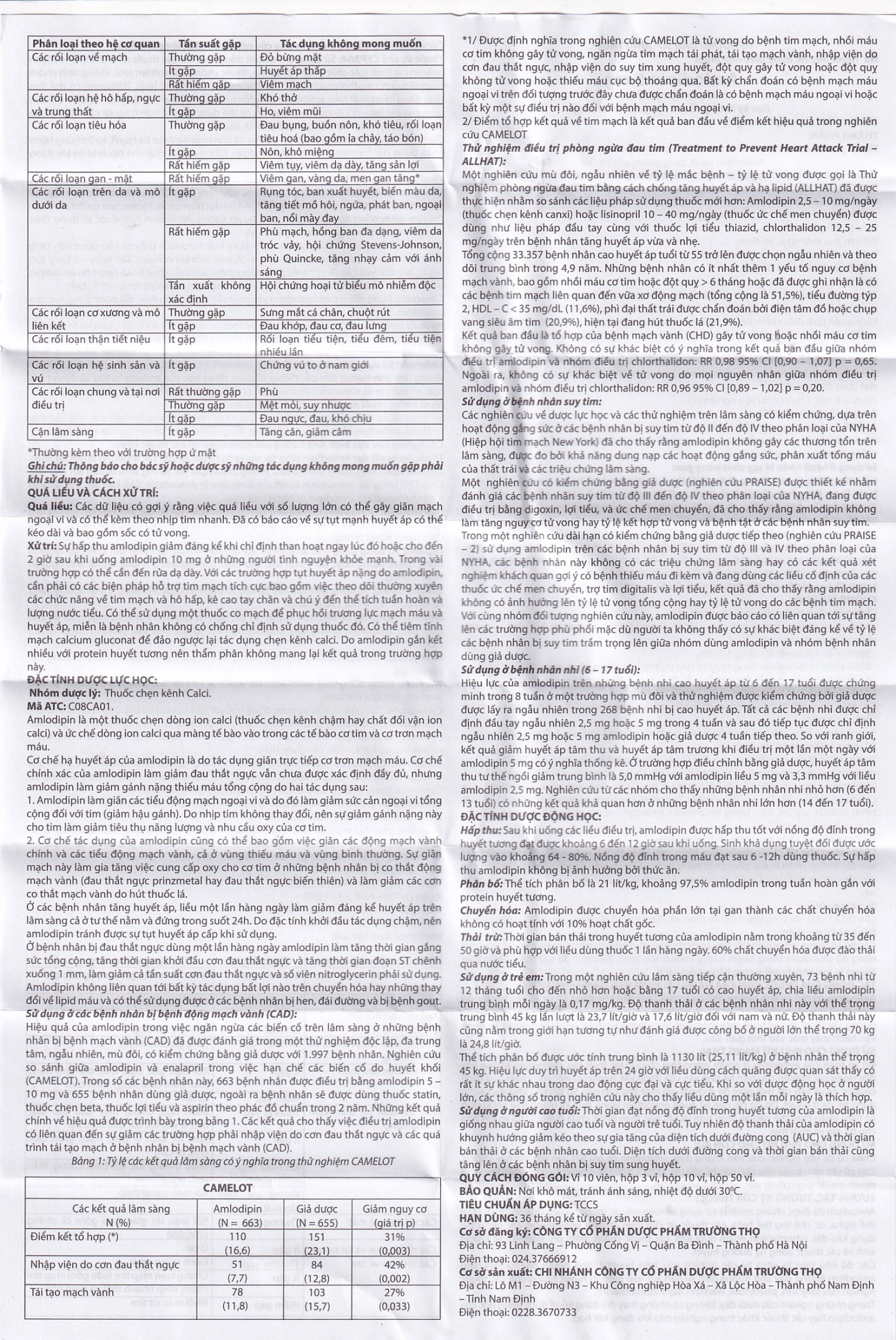 Thuốc Amlodipin 5mg Trường Thọ điều trị tăng huyết áp, đau thắt ngực (3 vỉ x 10 viên)