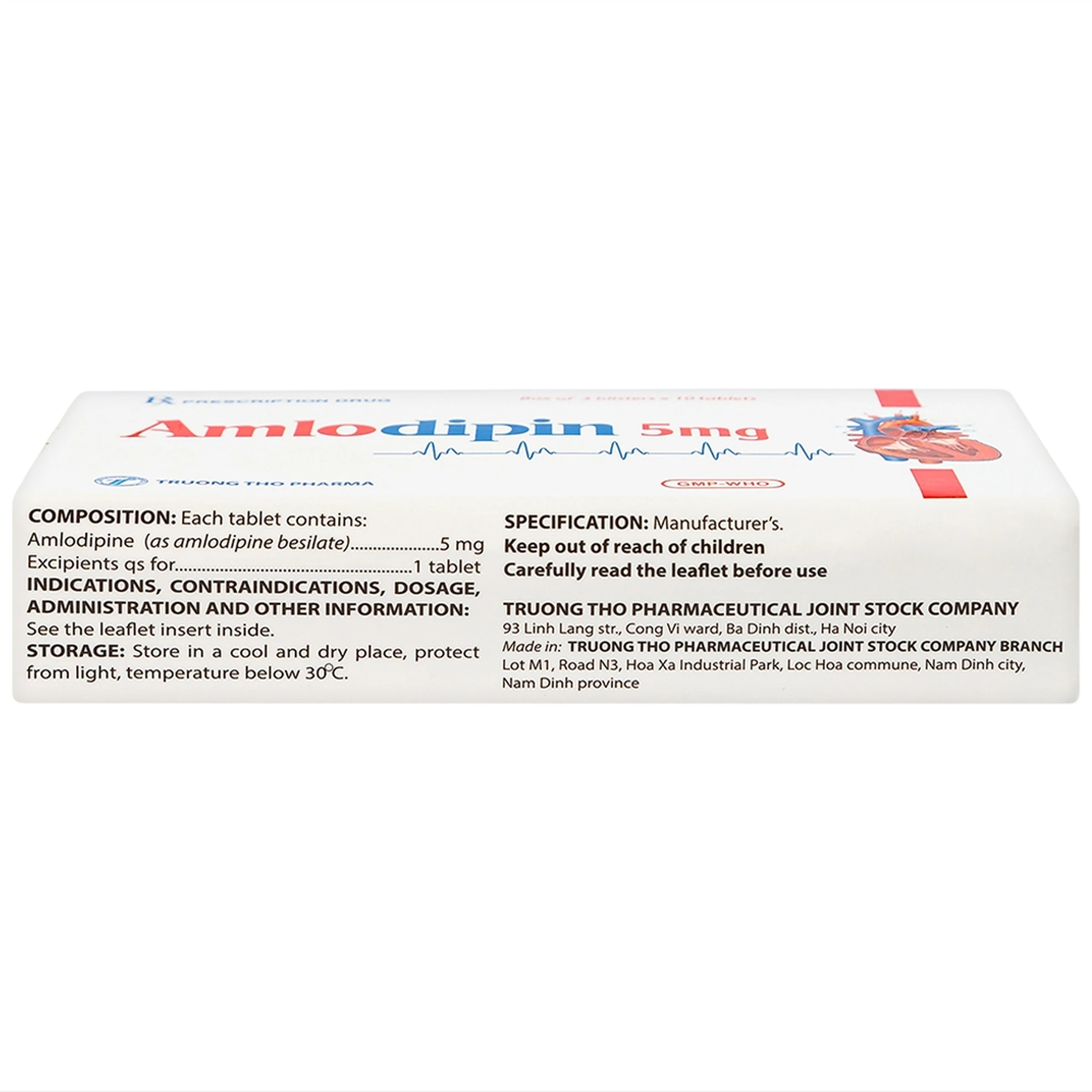 Thuốc Amlodipin 5mg Trường Thọ điều trị tăng huyết áp, đau thắt ngực (3 vỉ x 10 viên)