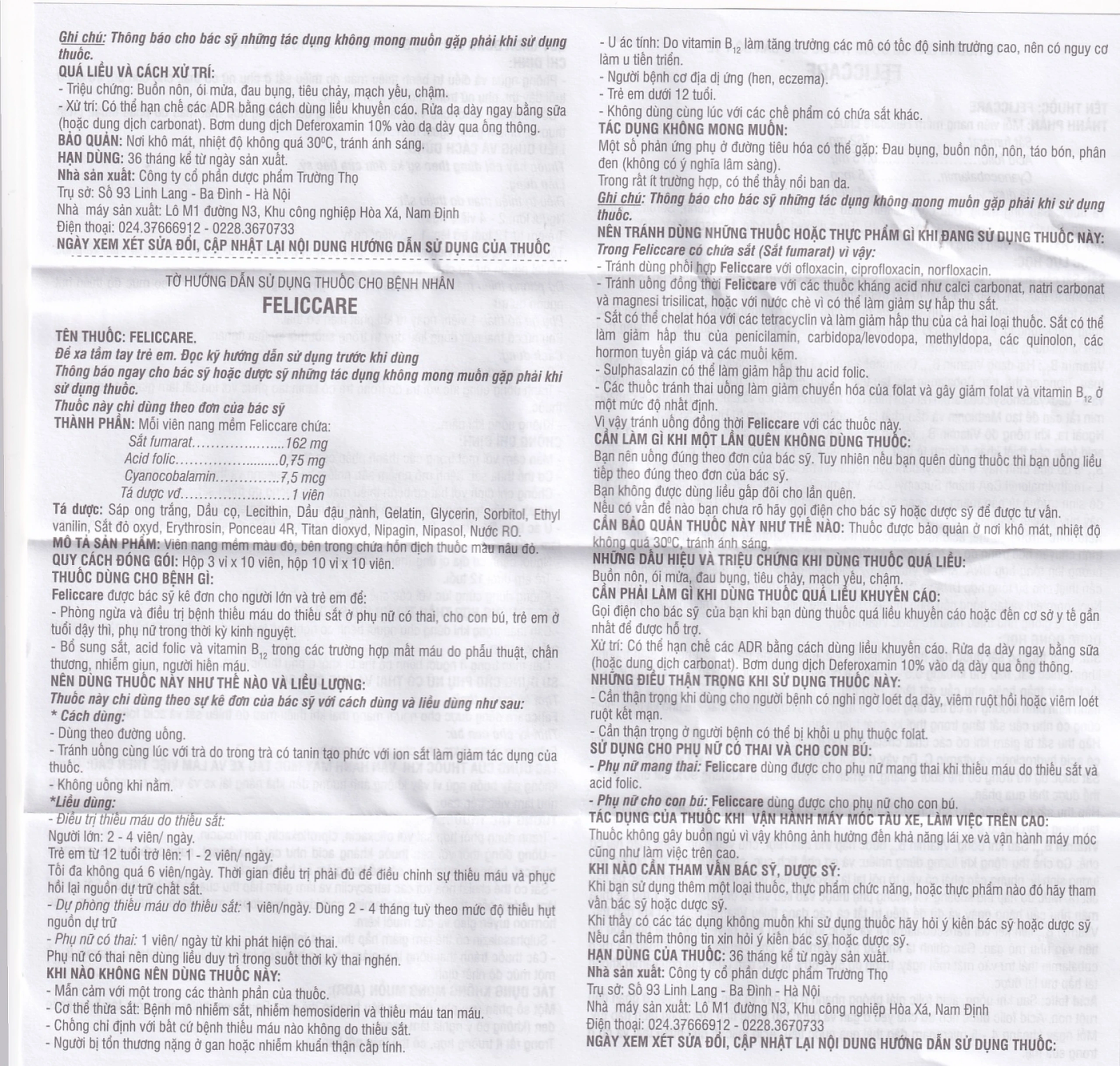 Thuốc Feliccare Trường Thọ phòng và trị các trường hợp thiếu máu (10 vỉ x 10 viên)