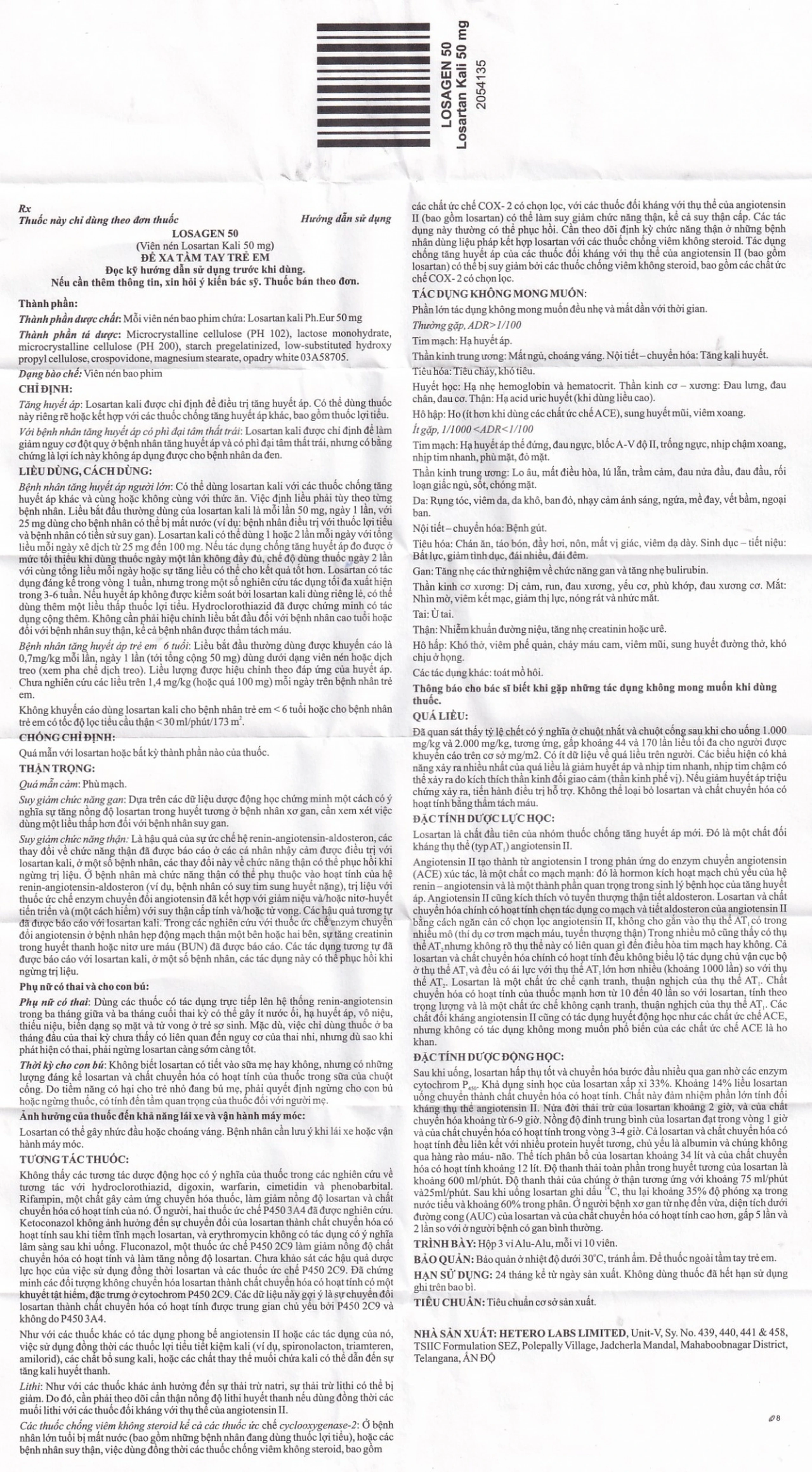Viên nén Losagen 50 Hetero điều trị tăng huyết áp (3 vỉ x 10 viên)