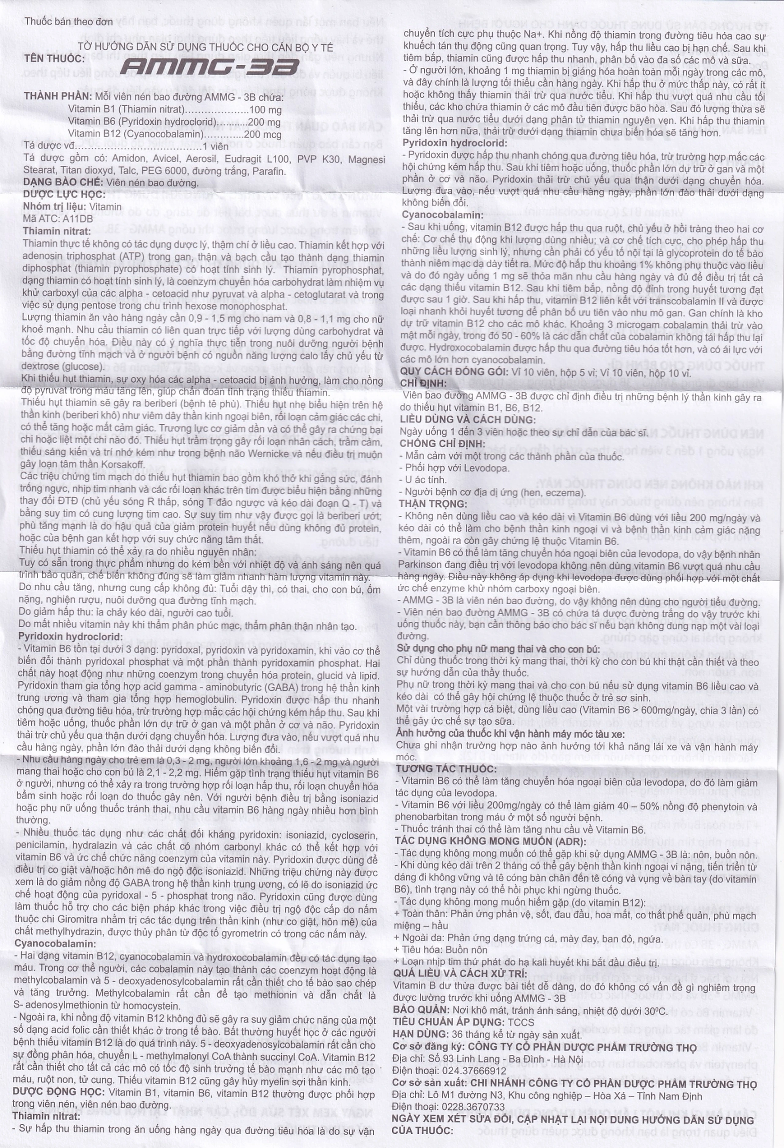 Thuốc Ammg-3B Trường Thọ điều trị bệnh lý thần kinh do thiếu vitamin B1, B6, B12 (5 vỉ x 10 viên)