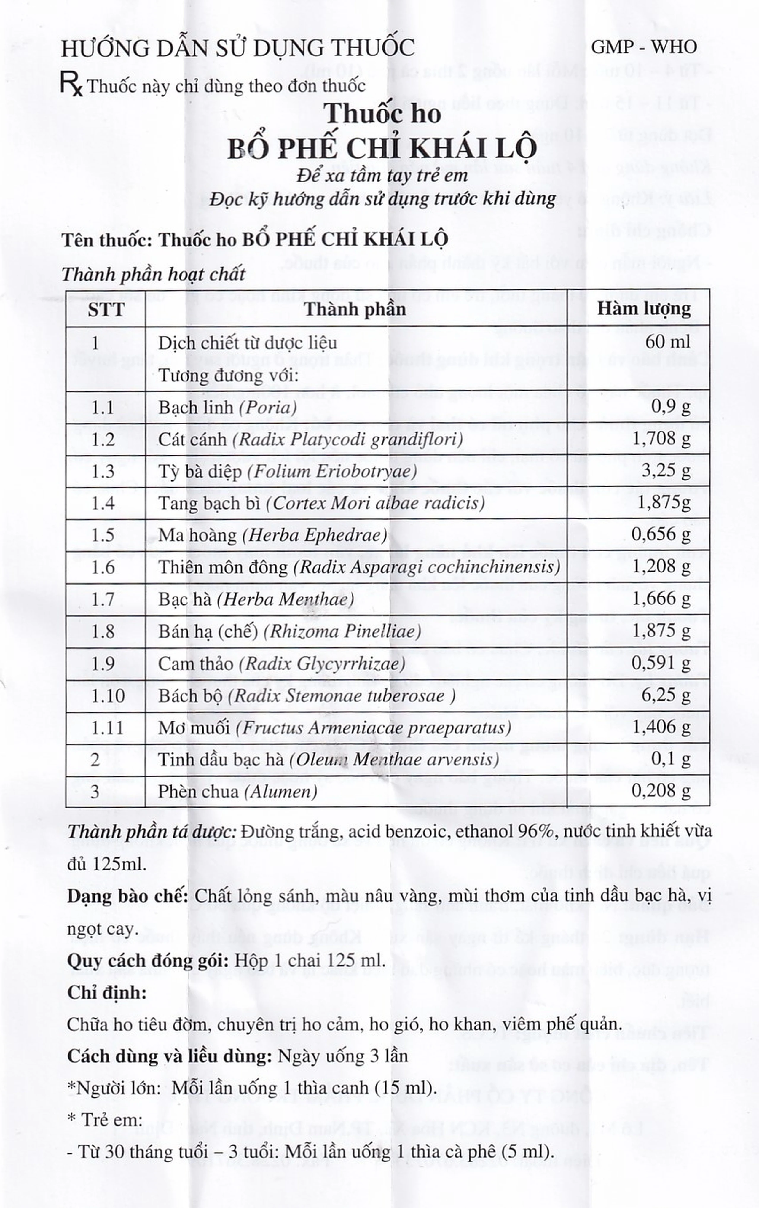 Thuốc ho Bổ Phế Chỉ Khái Lộ chữa ho tiêu đờm, chuyên trị ho cảm, ho gió, ho khan (125ml)