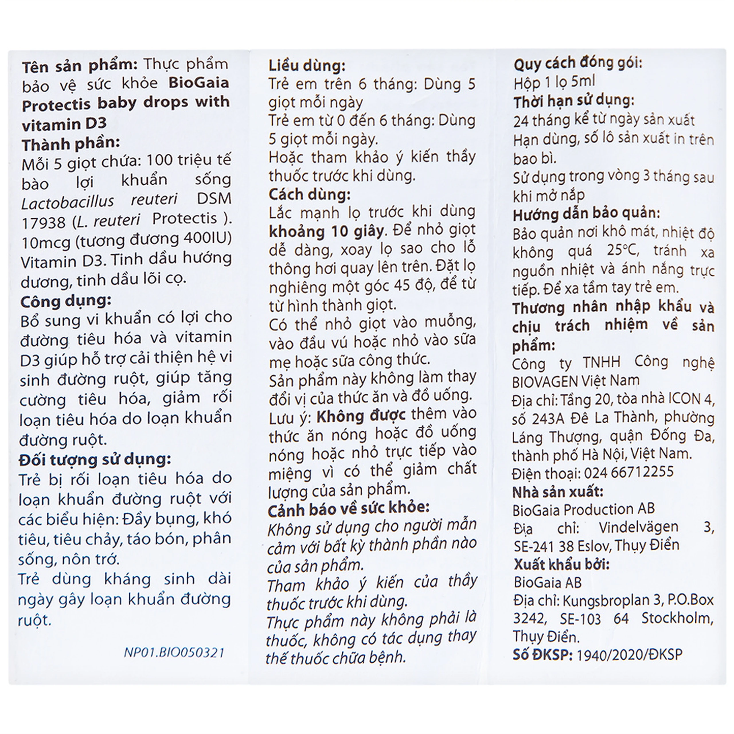 Dung dịch bổ sung lợi khuẩn và vitamin D3 BioGaia Protectis Baby Drops with Vitamin D3 (5ml)