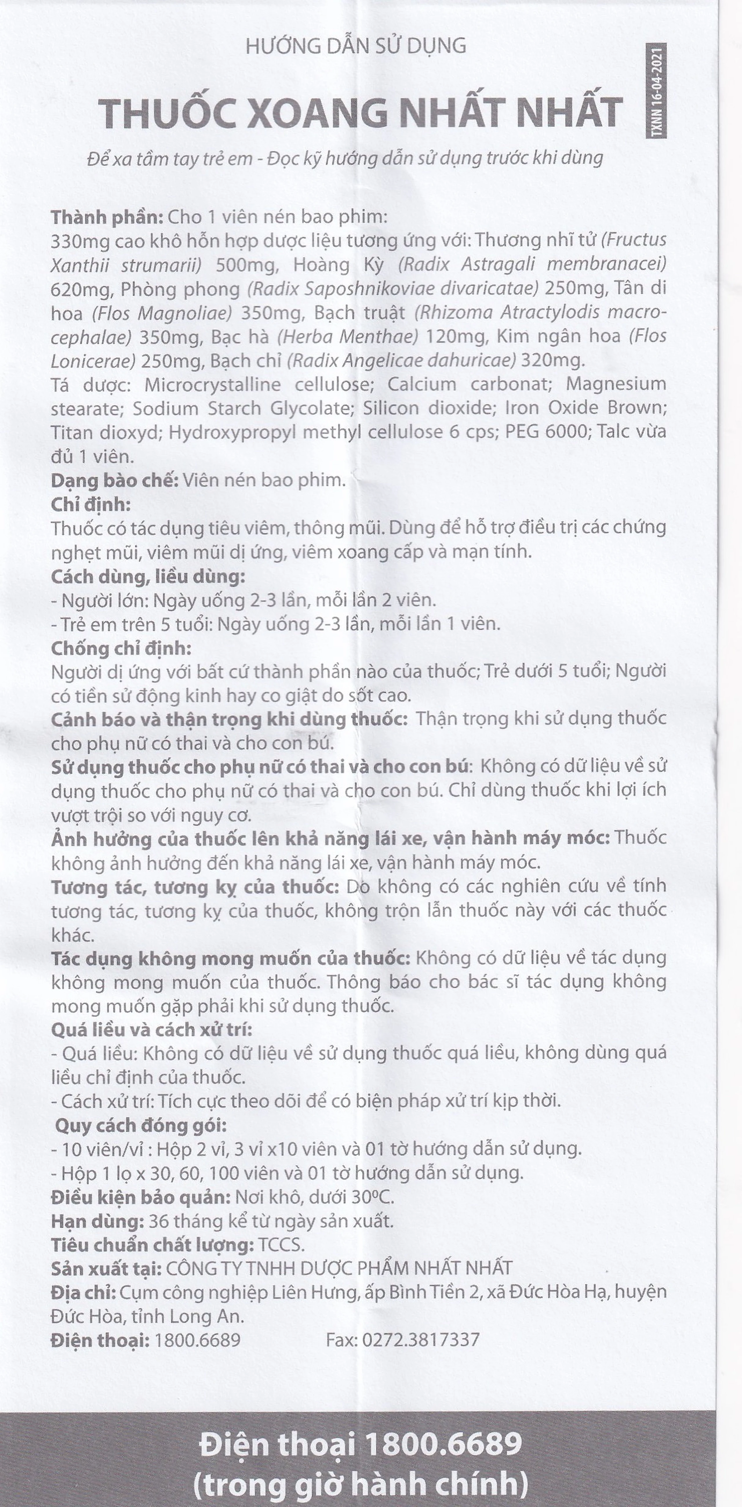 Thuốc Xoang Nhất Nhất điều trị nghẹt mũi, viêm mũi dị ứng, viêm xoang cấp (3 vỉ x 10 viên)