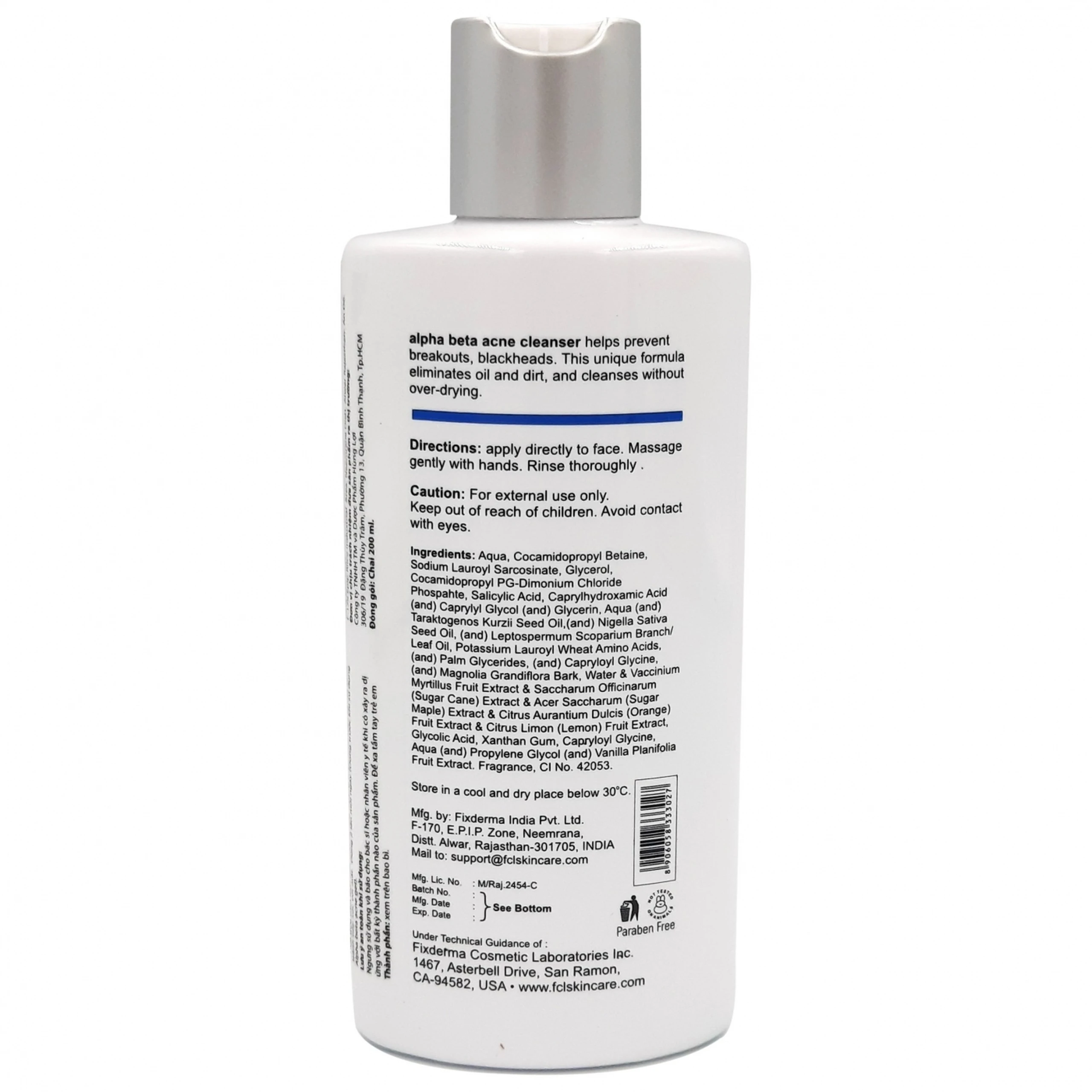 Sữa rửa mặt làm giảm mụn Fixderma FCL Alpha-Beta Acne Cleanser (200ml)