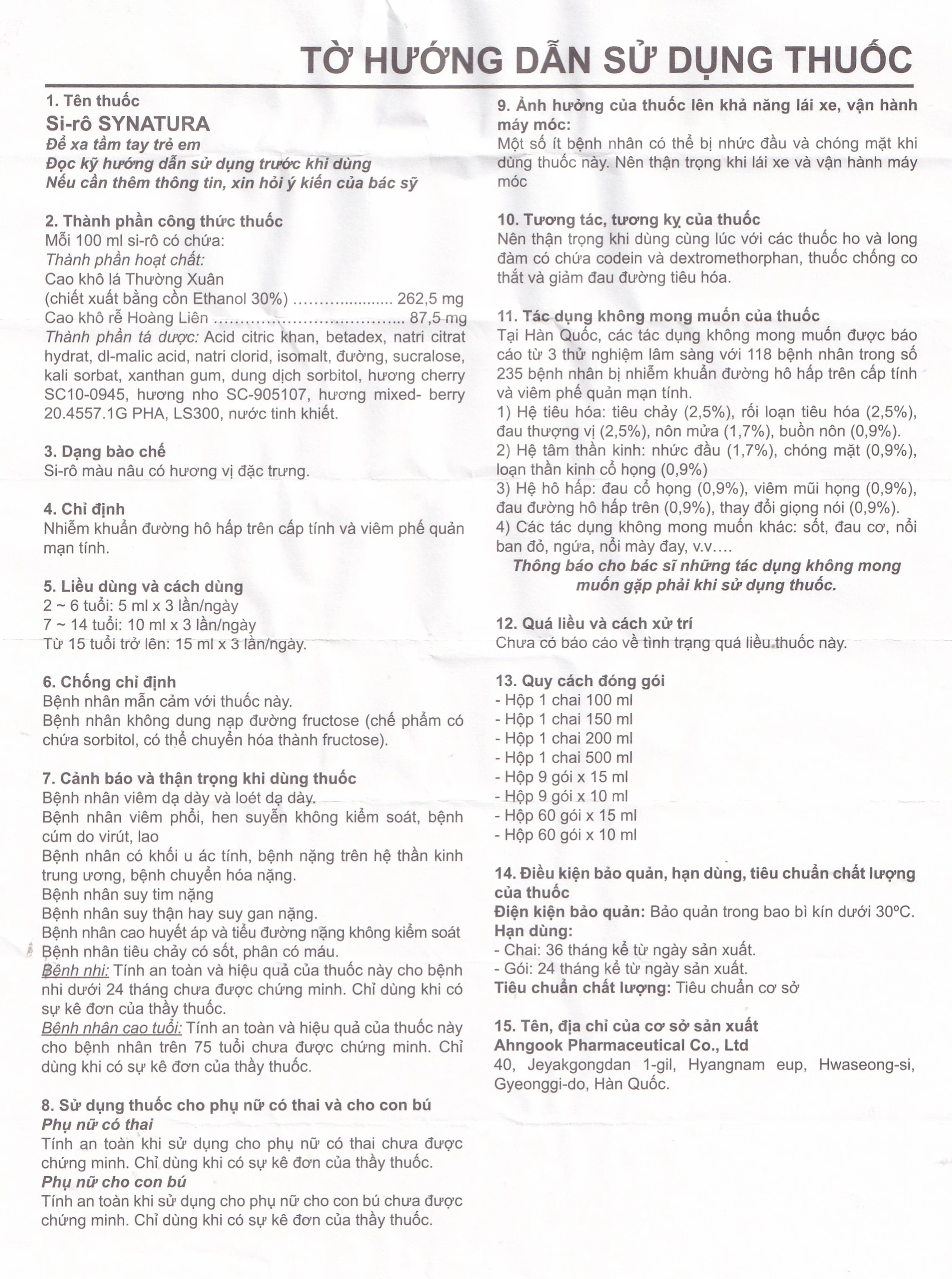 Siro Synatura Ahngook điều trị nhiễm khuẩn hô hấp, viêm phế quản (100ml)