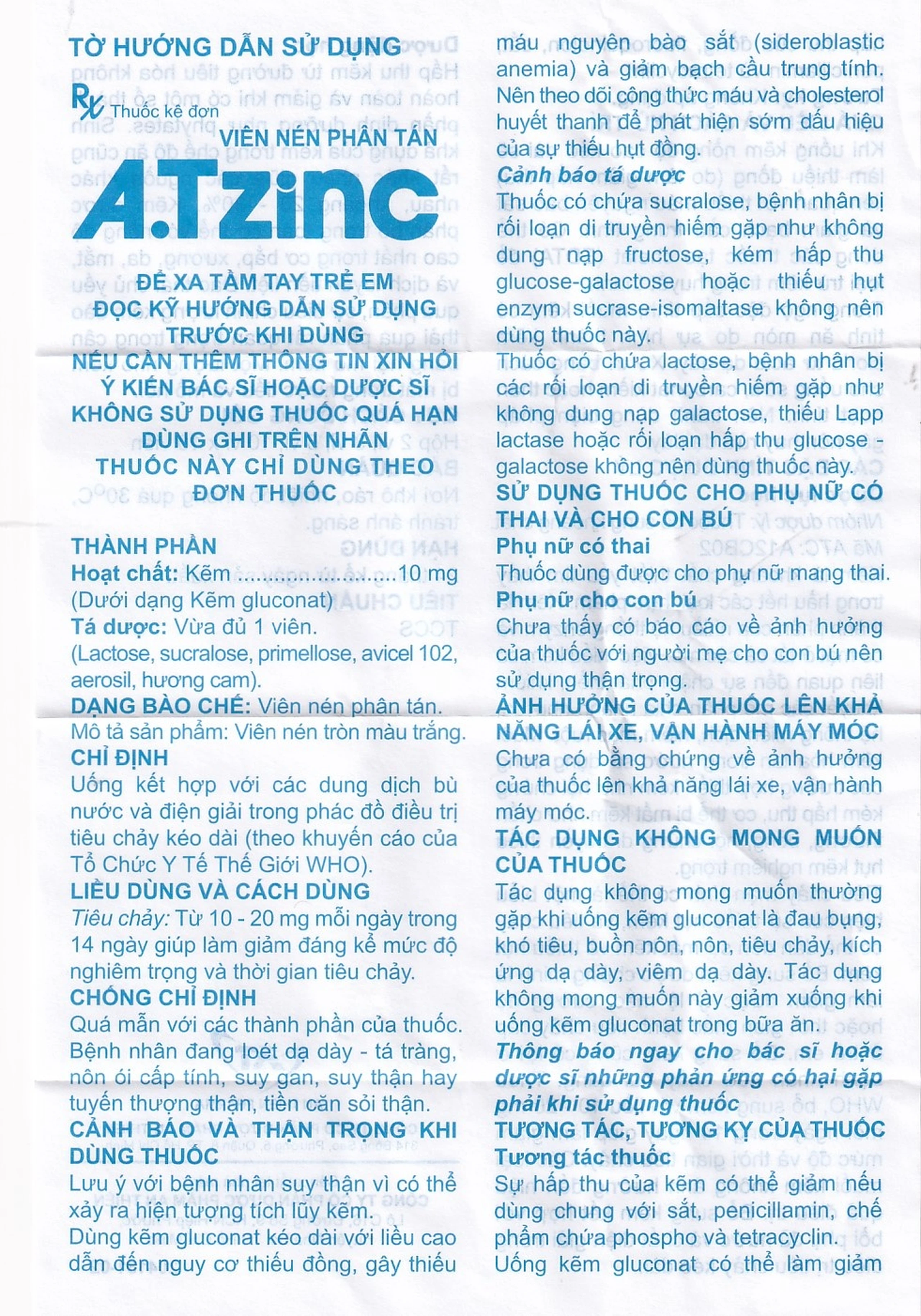 Thuốc A.T Zinc 10mg An Thiên điều trị tiêu chảy kéo dài (10 vỉ x 10 viên)