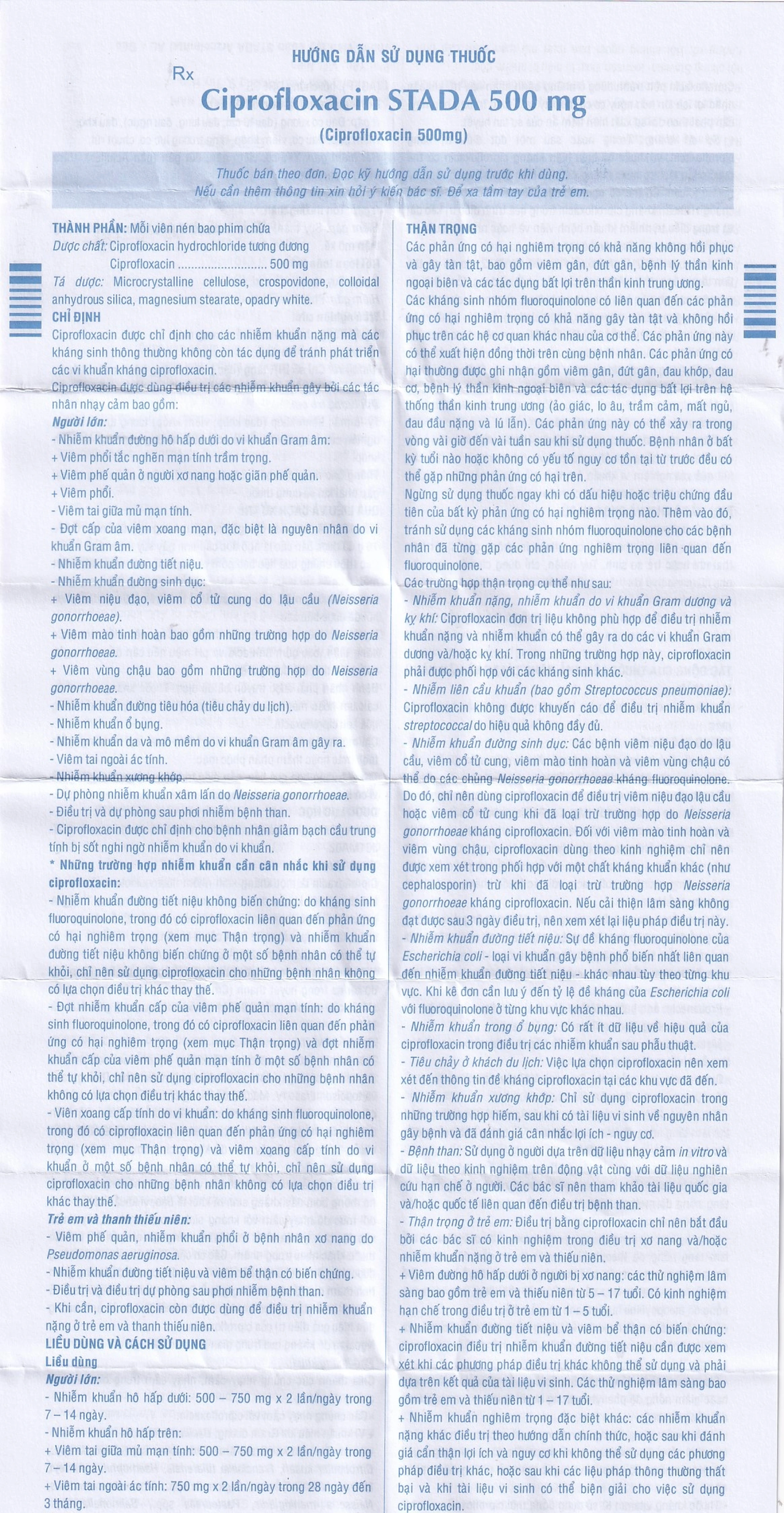 Thuốc Ciprofloxacin Stada 500mg điều trị trong các trường hợp nhiễm khuẩn (10 vỉ x 10 viên)