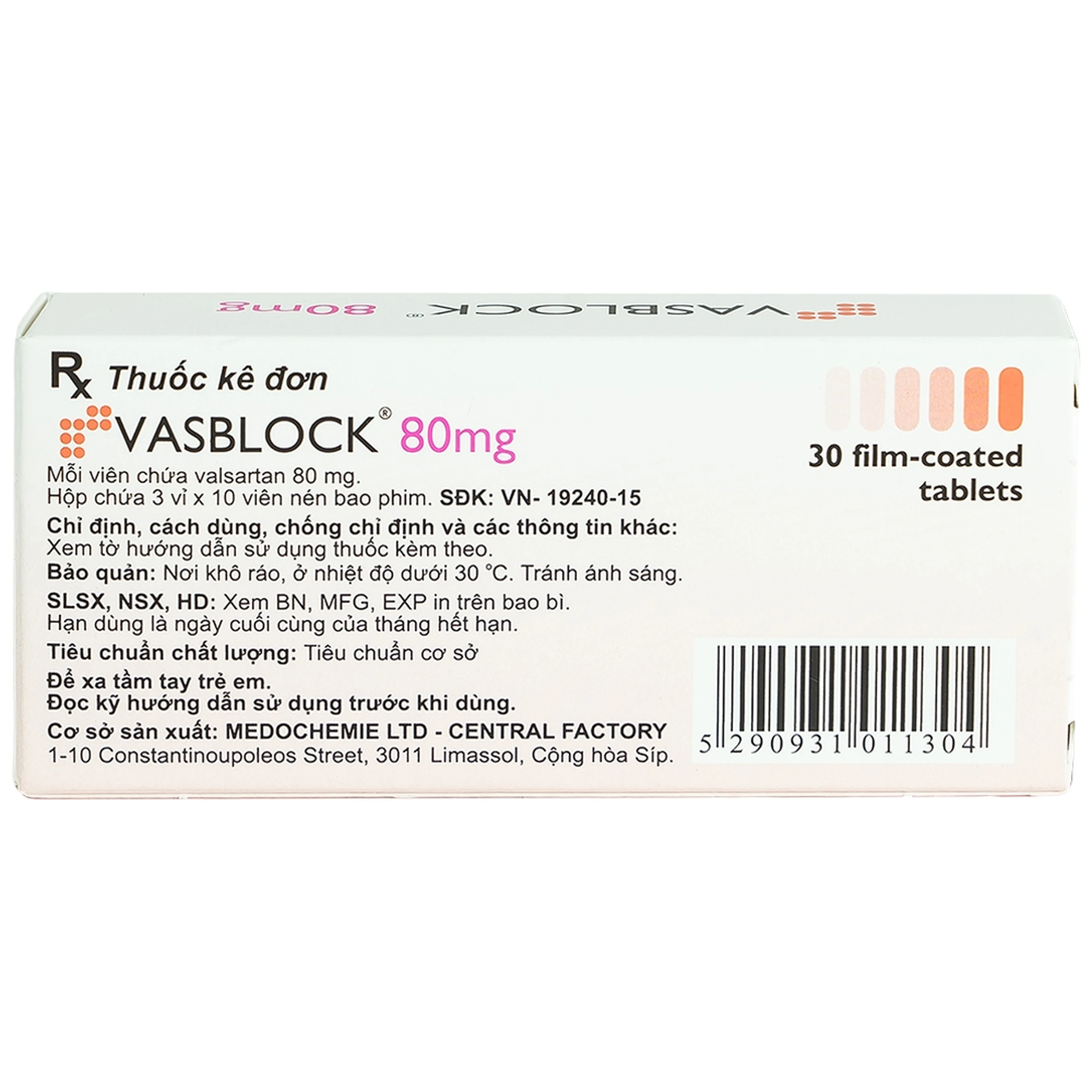 Thuốc Vasblock 80mg Medochemie điều trị tăng huyết áp, suy tim (3 vỉ x 10 viên)