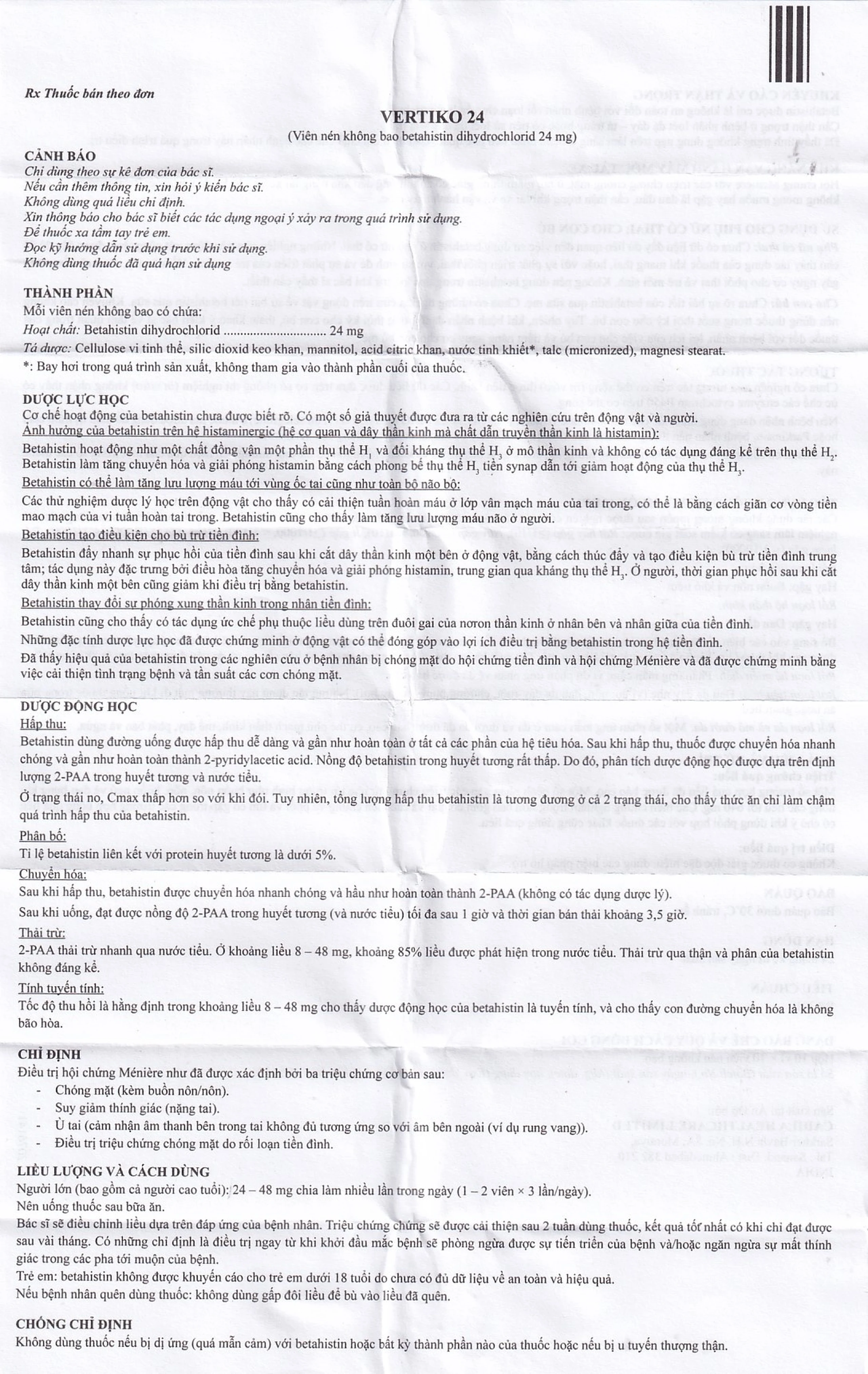 Thuốc Vertiko 24 Cadila điều trị chóng mặt, suy giảm thính giác (10 vỉ x 10 viên)