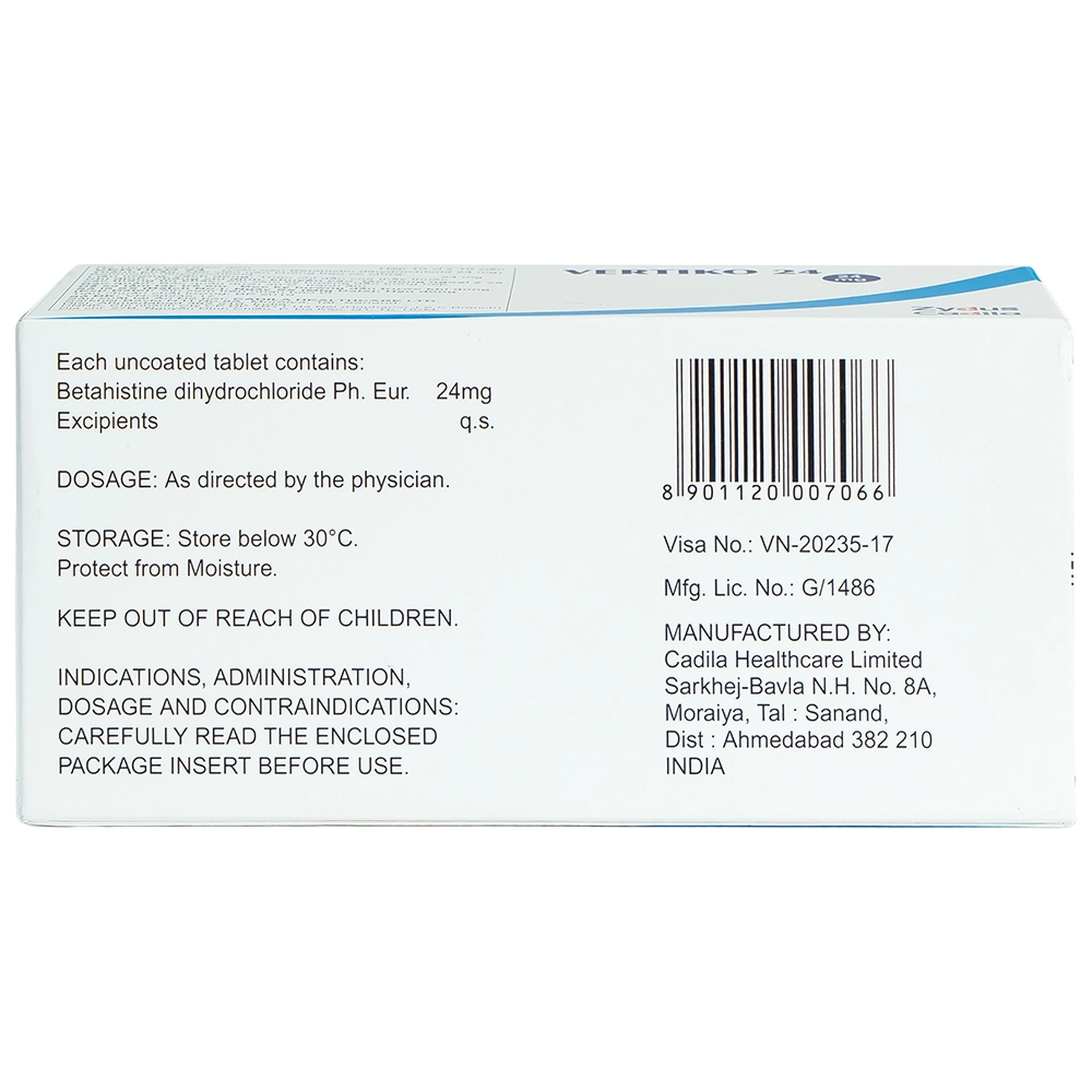 Thuốc Vertiko 24 Cadila điều trị chóng mặt, suy giảm thính giác (10 vỉ x 10 viên)