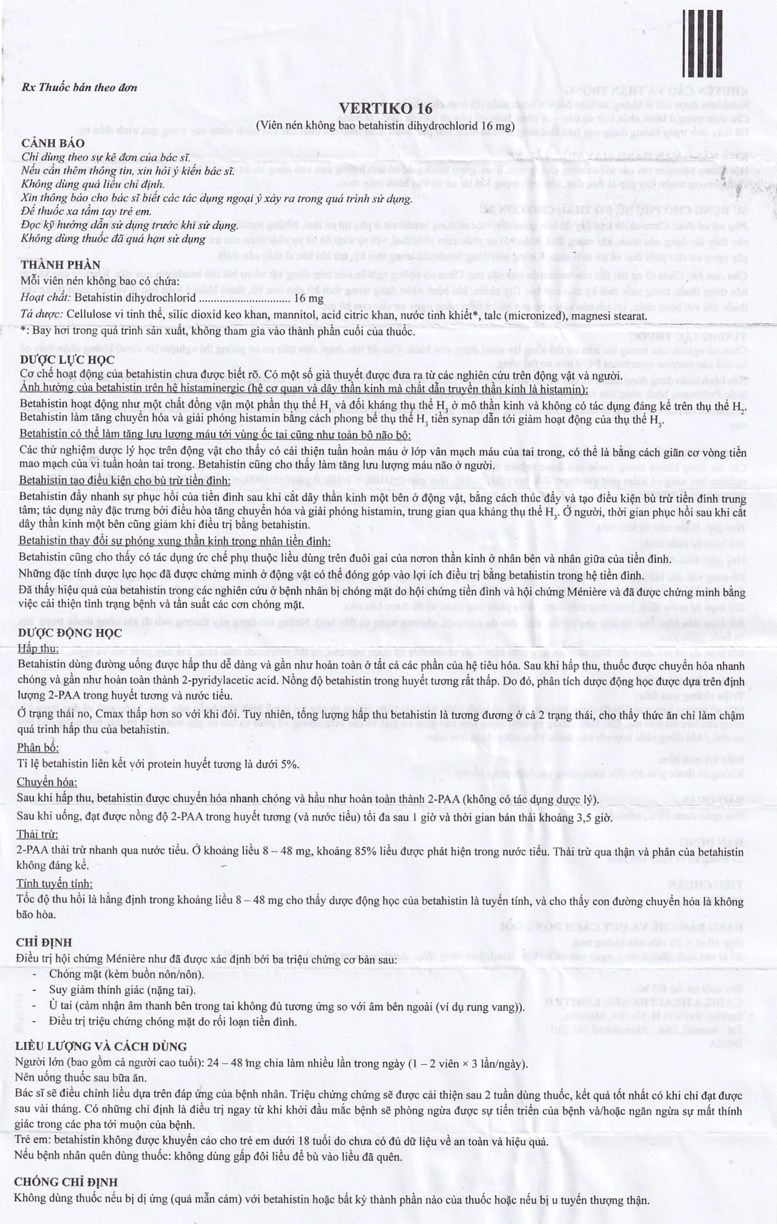 Thuốc Vertiko 16 Cadila điều trị chóng mặt, suy giảm thính giác (10 vỉ x 10 viên)