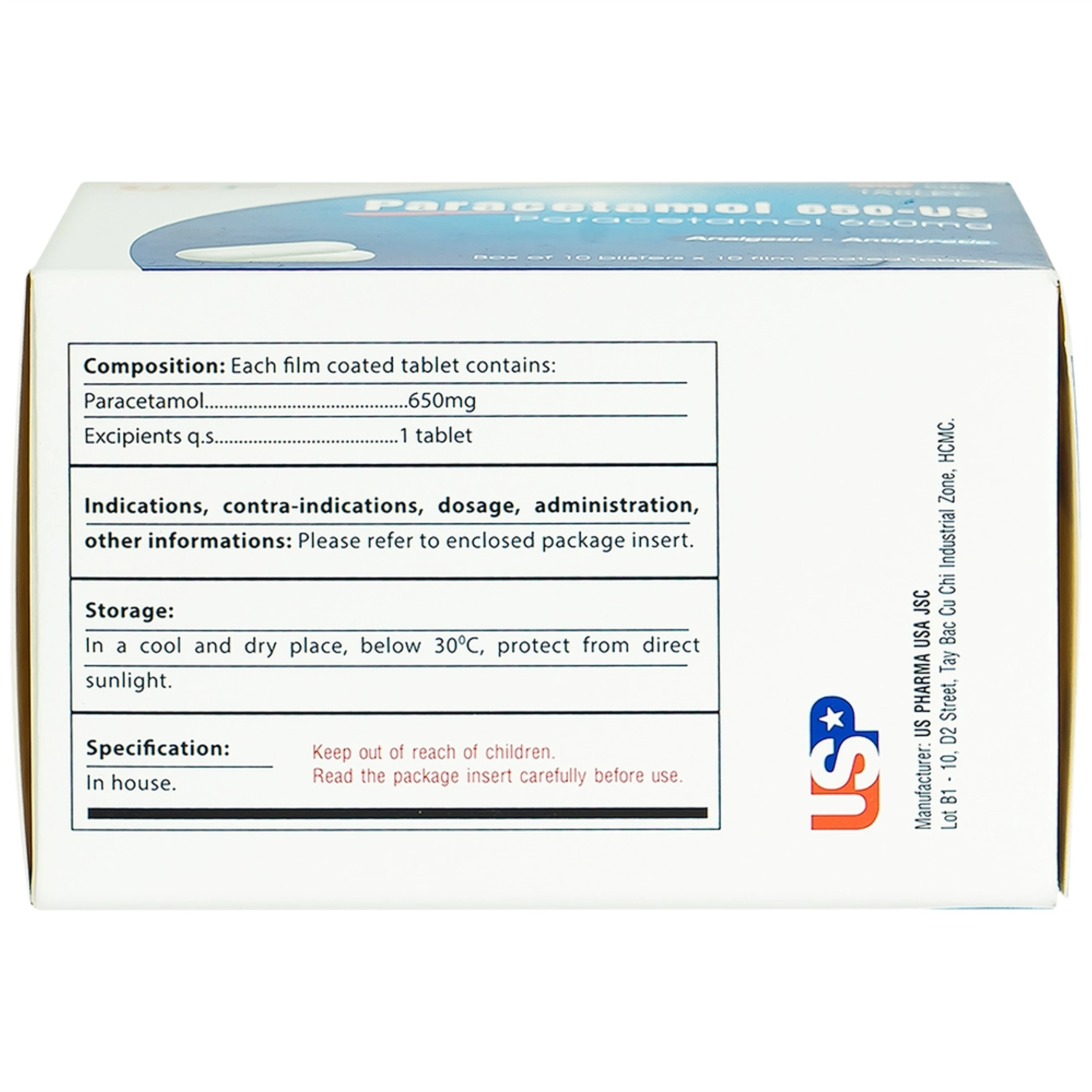 Thuốc Paracetamol 650mg US Pharma giảm đau, hạ sốt, giảm chứng nhức đầu, đau răng (10 vỉ x 10 viên)