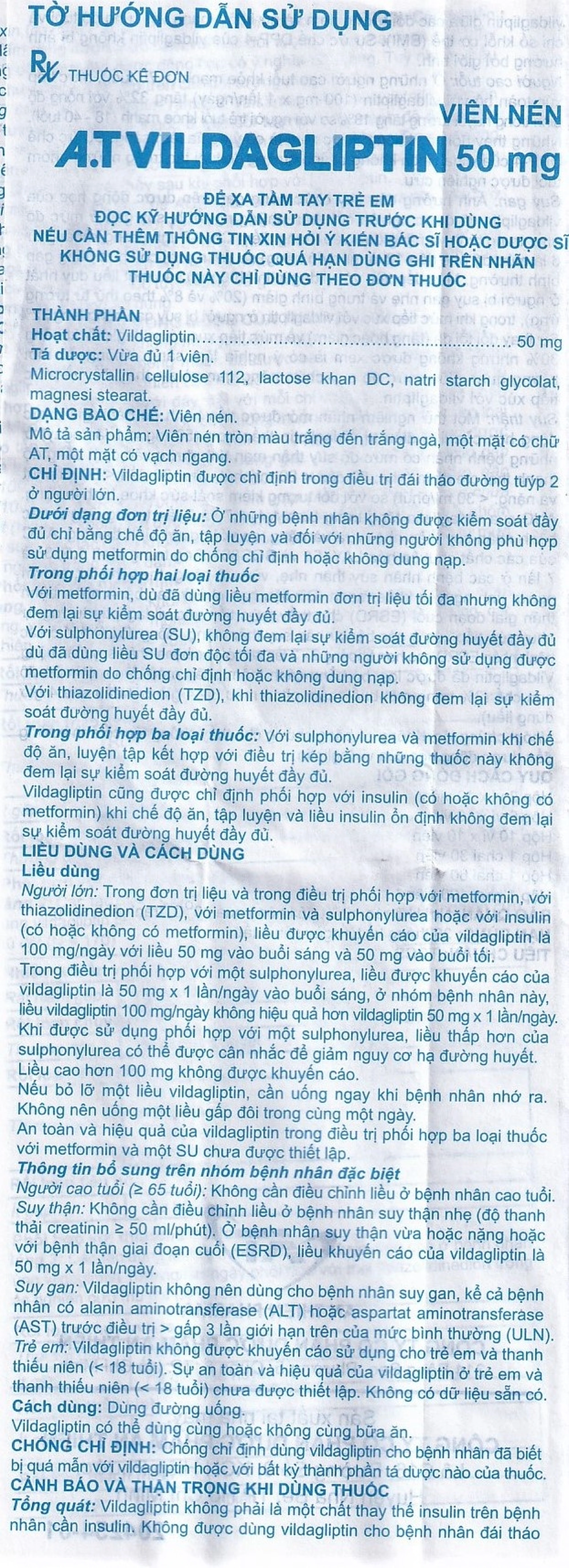 Thuốc A.T Vildagliptin 50mg An Thiên điều trị đái tháo đường típ 2 (3 vỉ x 10 viên)